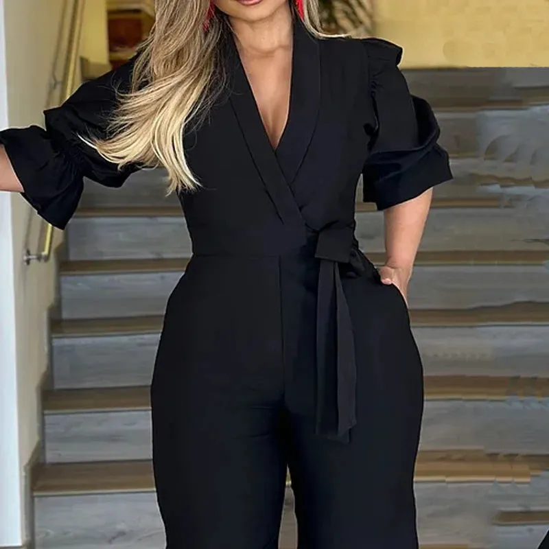 V Neck Tie Waist Wide Legs Pants Jumpsuit
