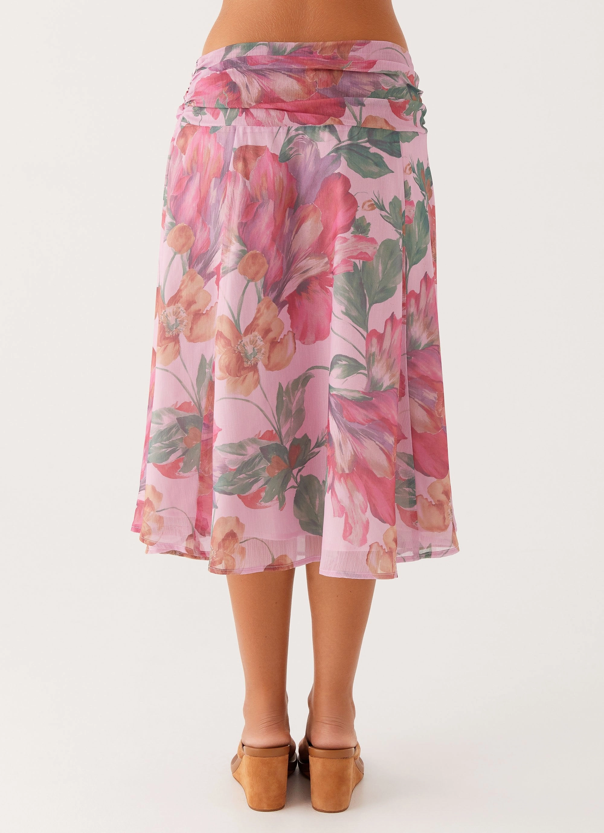 Valley Midi Skirt - Pink Floral Department Store Style button detail