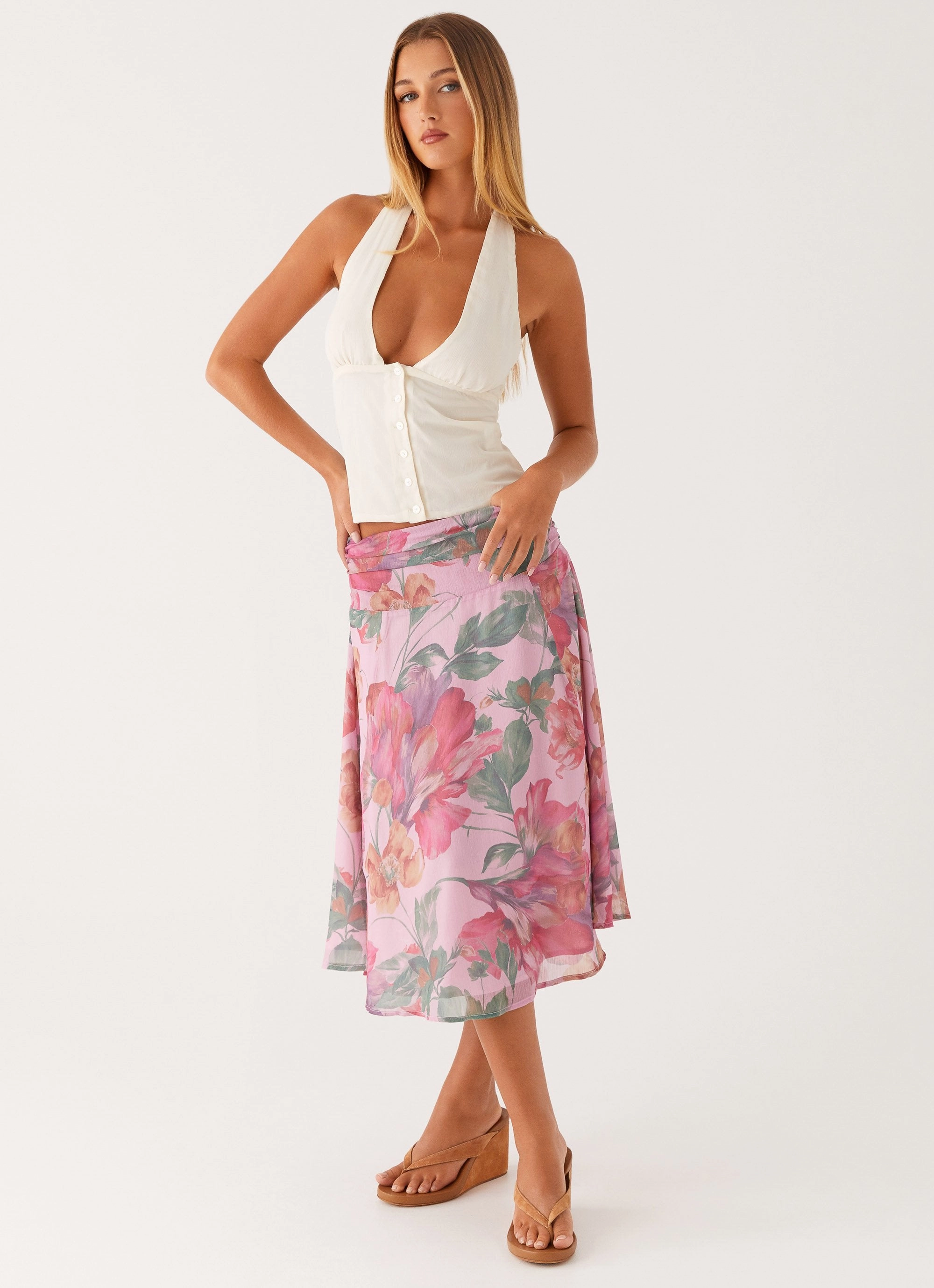 Laser cut Outfit Flow Valley Midi Skirt - Pink Floral