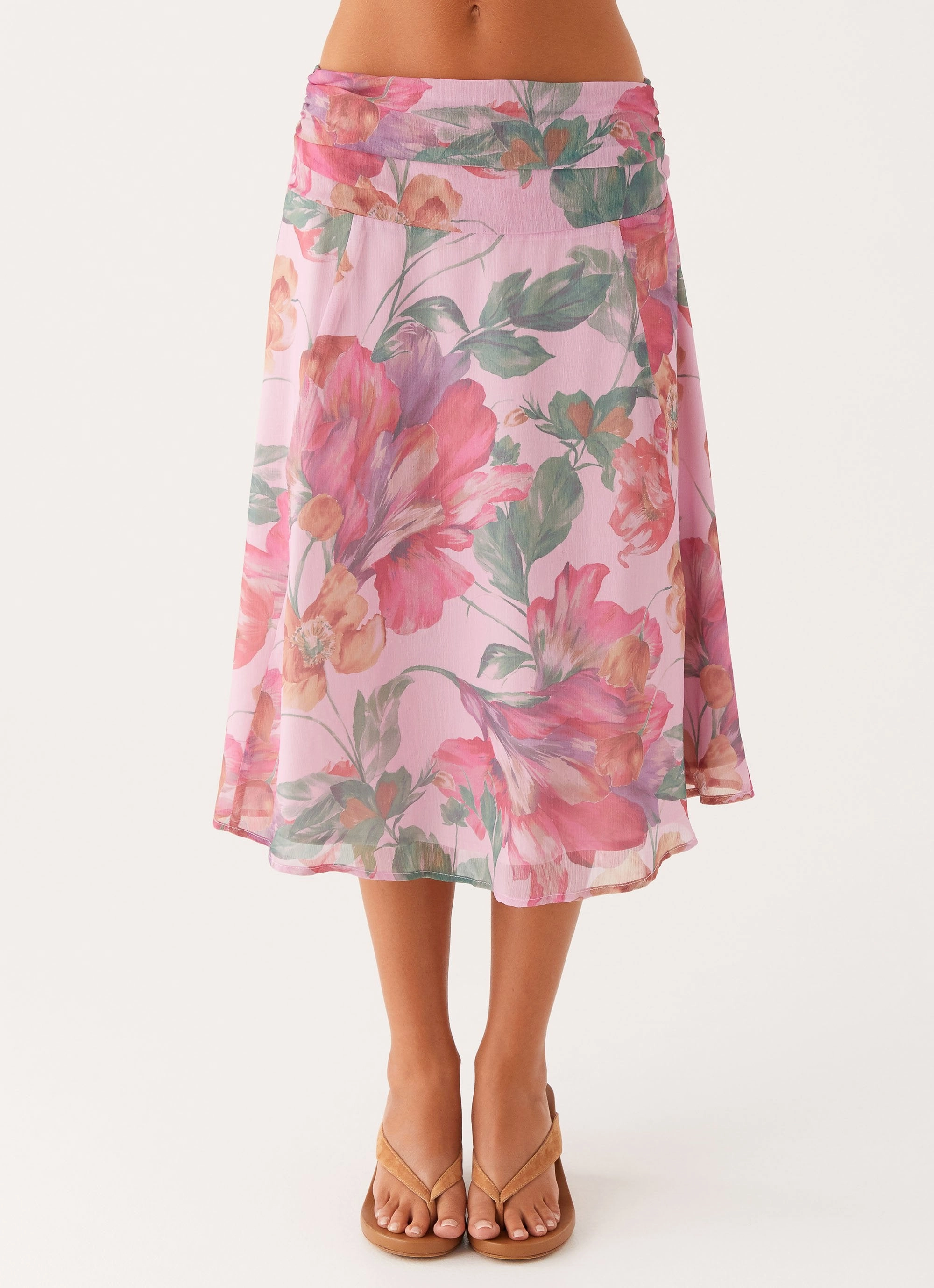 Valley Midi Skirt - Pink Floral Scalloped Edge