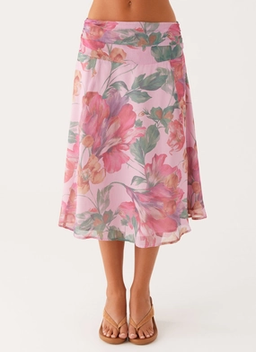 Valley Midi Skirt - Pink Floral Scalloped Edge