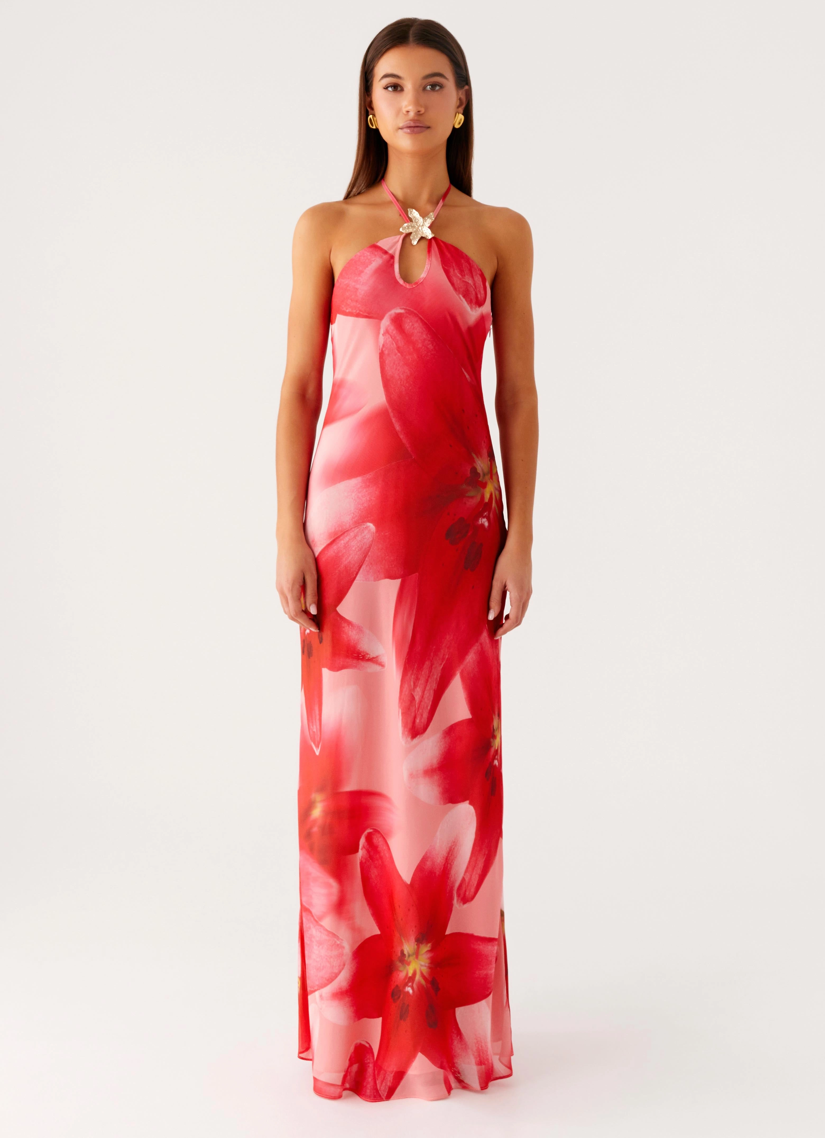 Soft Flow Vatiana Chiffon Maxi Dress - Peach Watermelon Flower