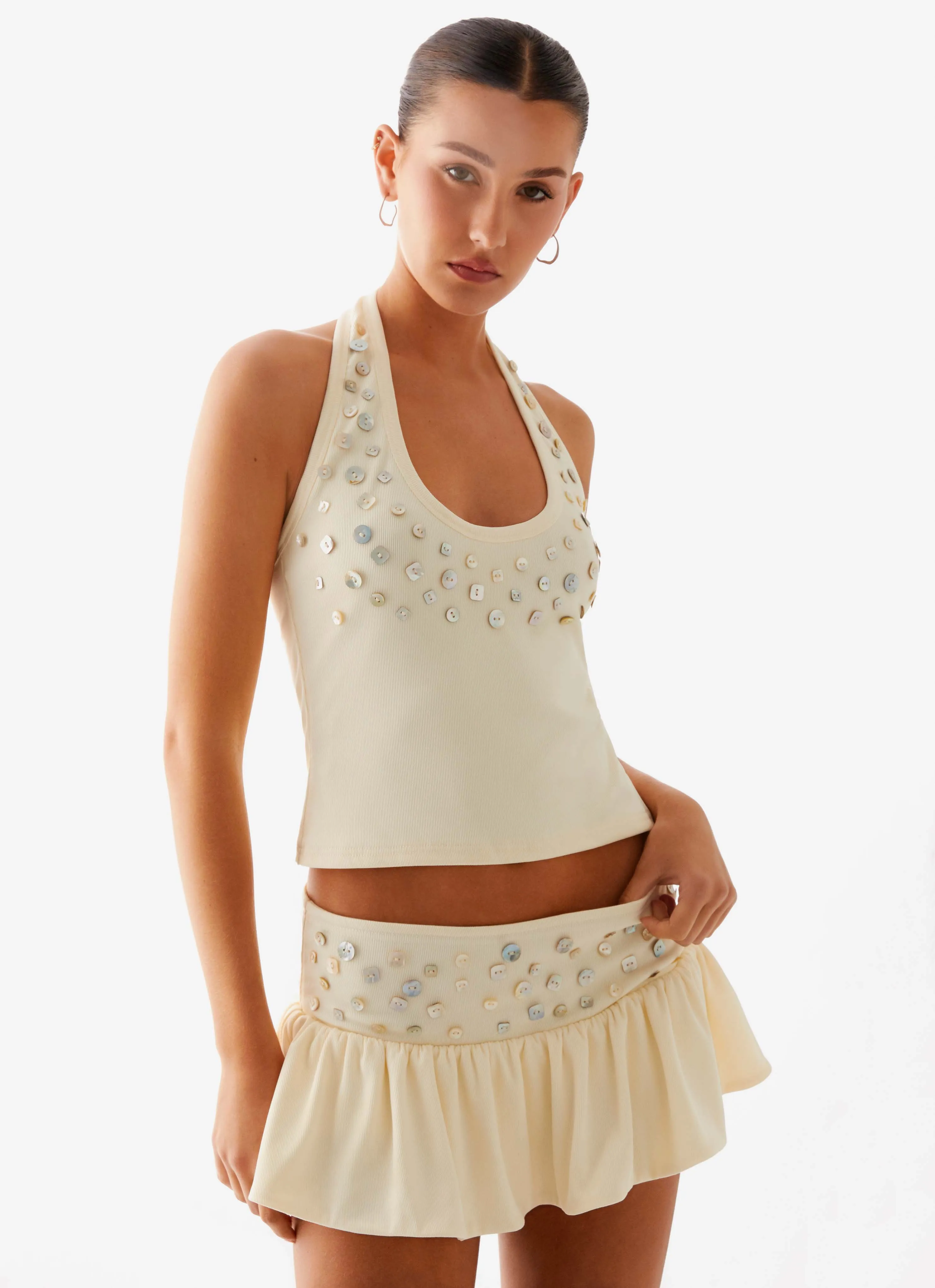 Stretchable Waistband Vegas Nights Halter Neck Top - Yellow