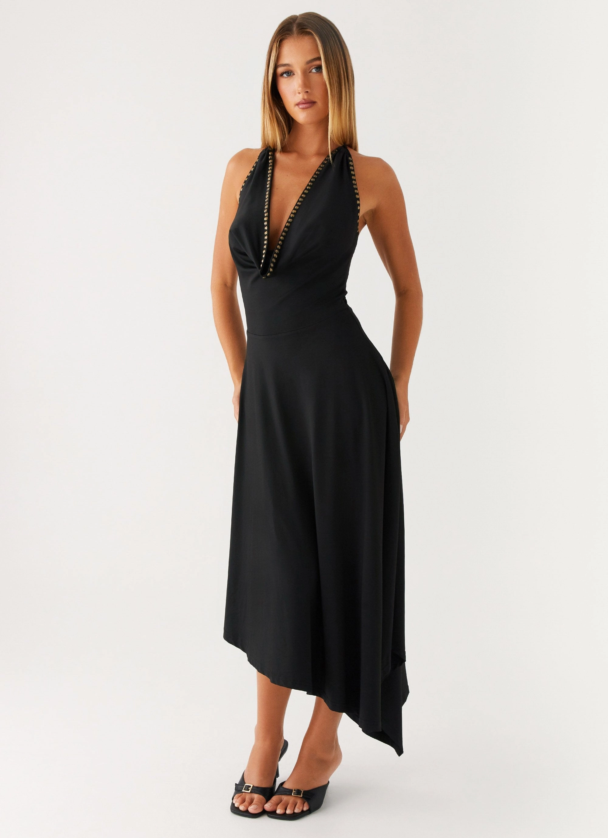 Vena Beaded Midi Dress - Black Mesh-Sleeve