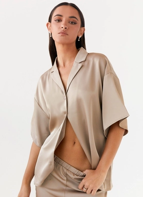 Unisex Casual Fit Palm Cove Satin Shirt - Mushroom