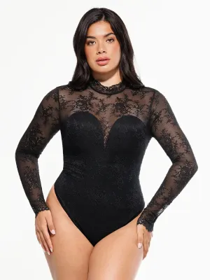 BrushedInnerLining Stylish Look Shapewear Mock Neck Long Sleeve Floral Lace Bodysuit