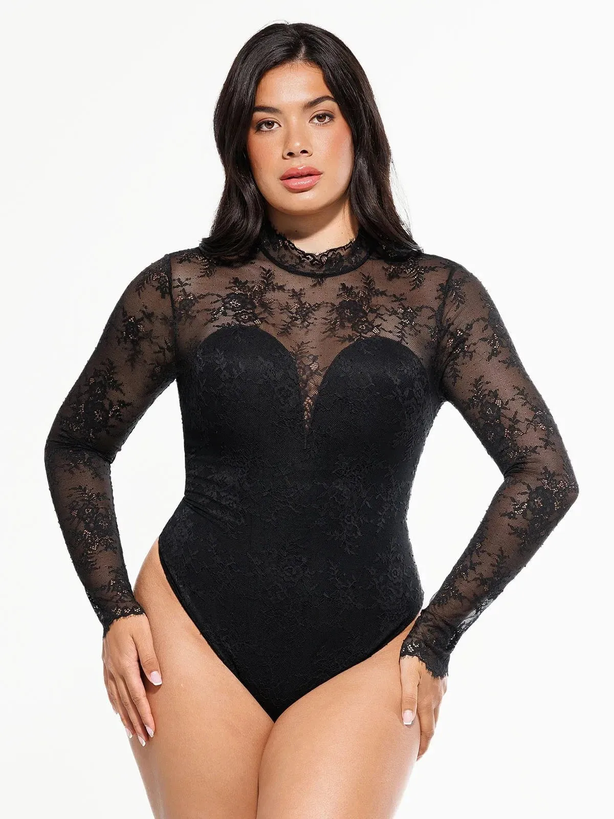 Shapewear Mock Neck Long Sleeve Floral Lace Bodysuit Casual Tank