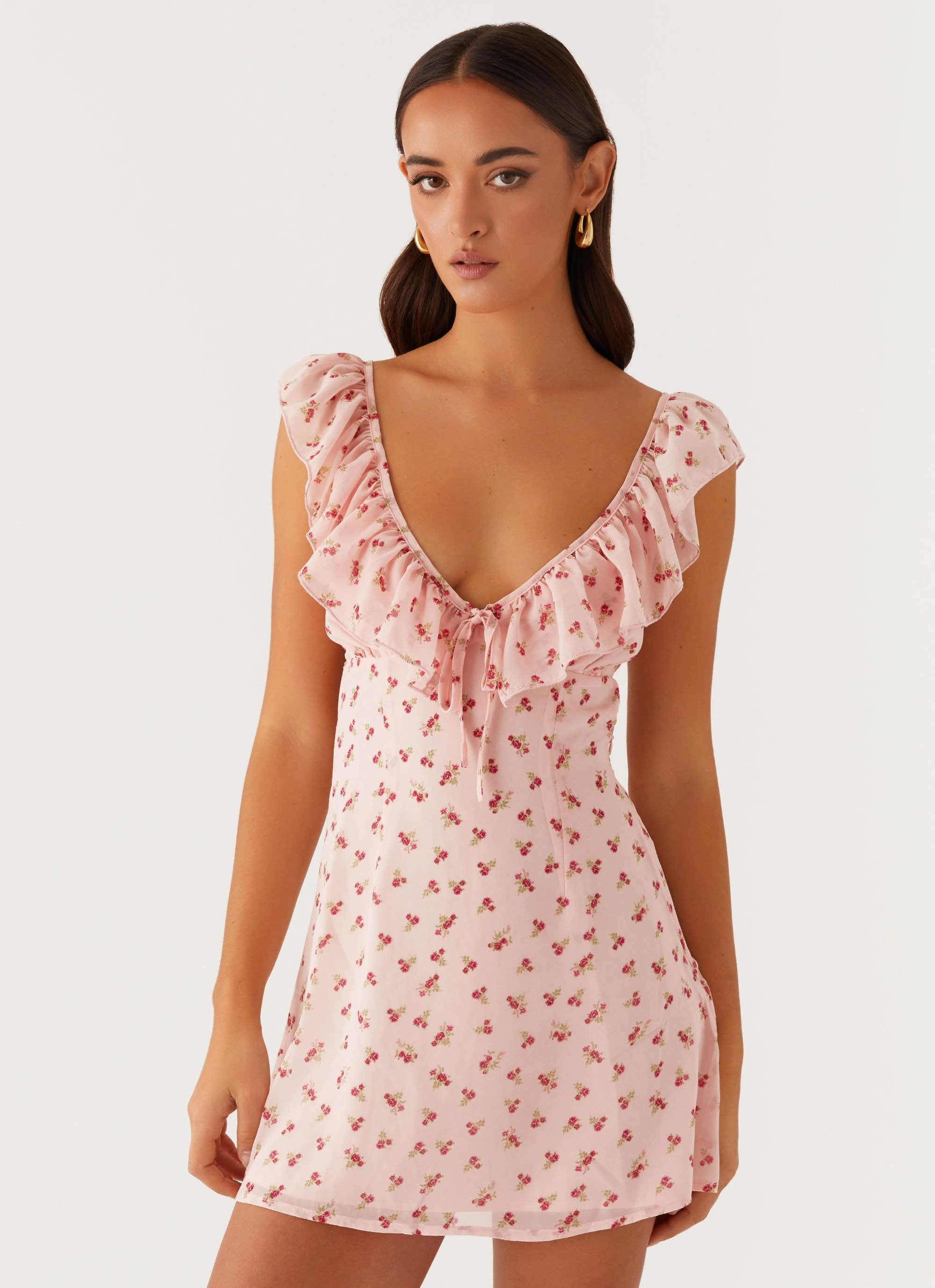 Adrina Ruffle Mini Dress - Pink Flower Fresh Look