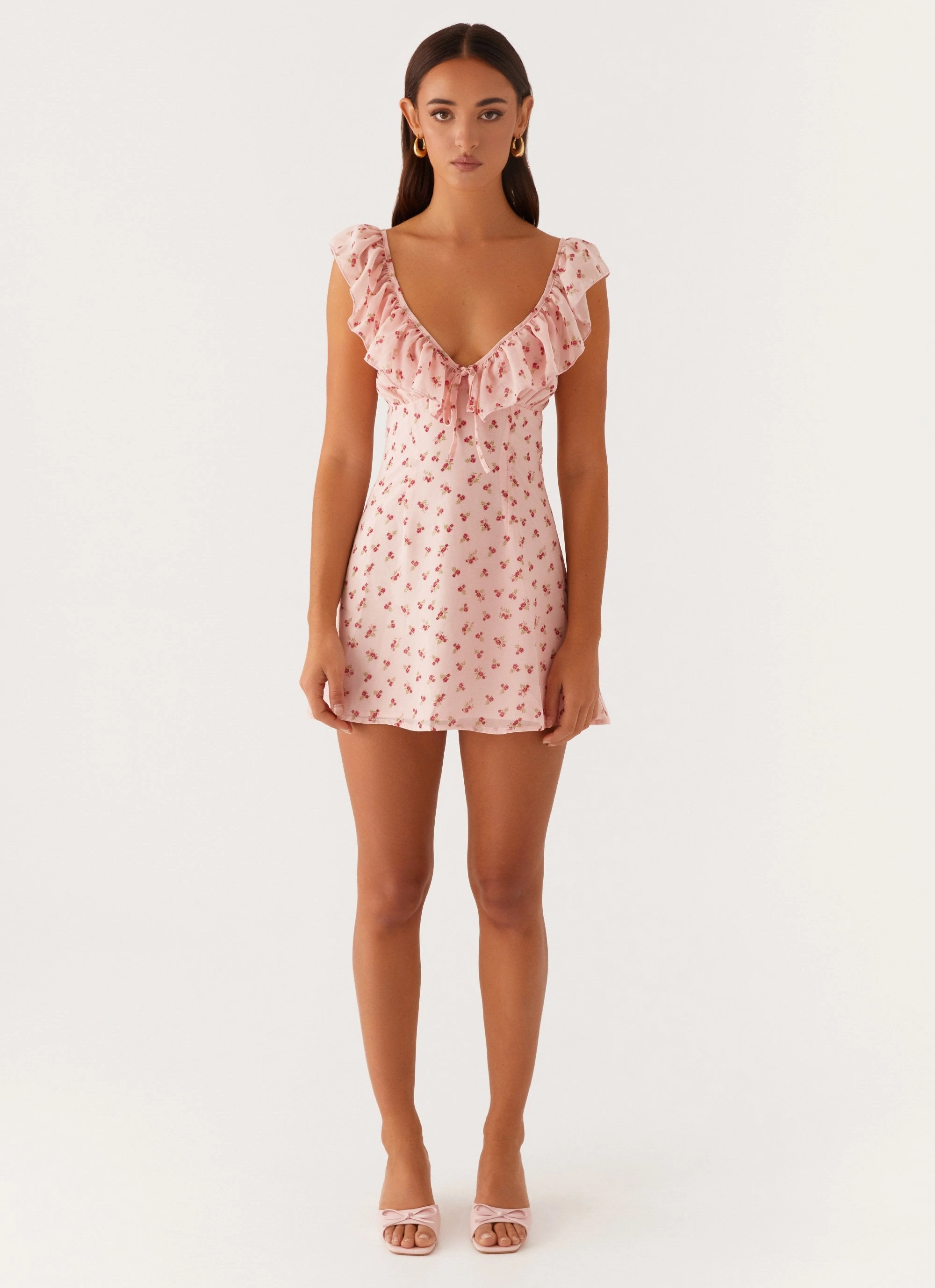 Adrina Ruffle Mini Dress - Pink Flower Premium Fabric