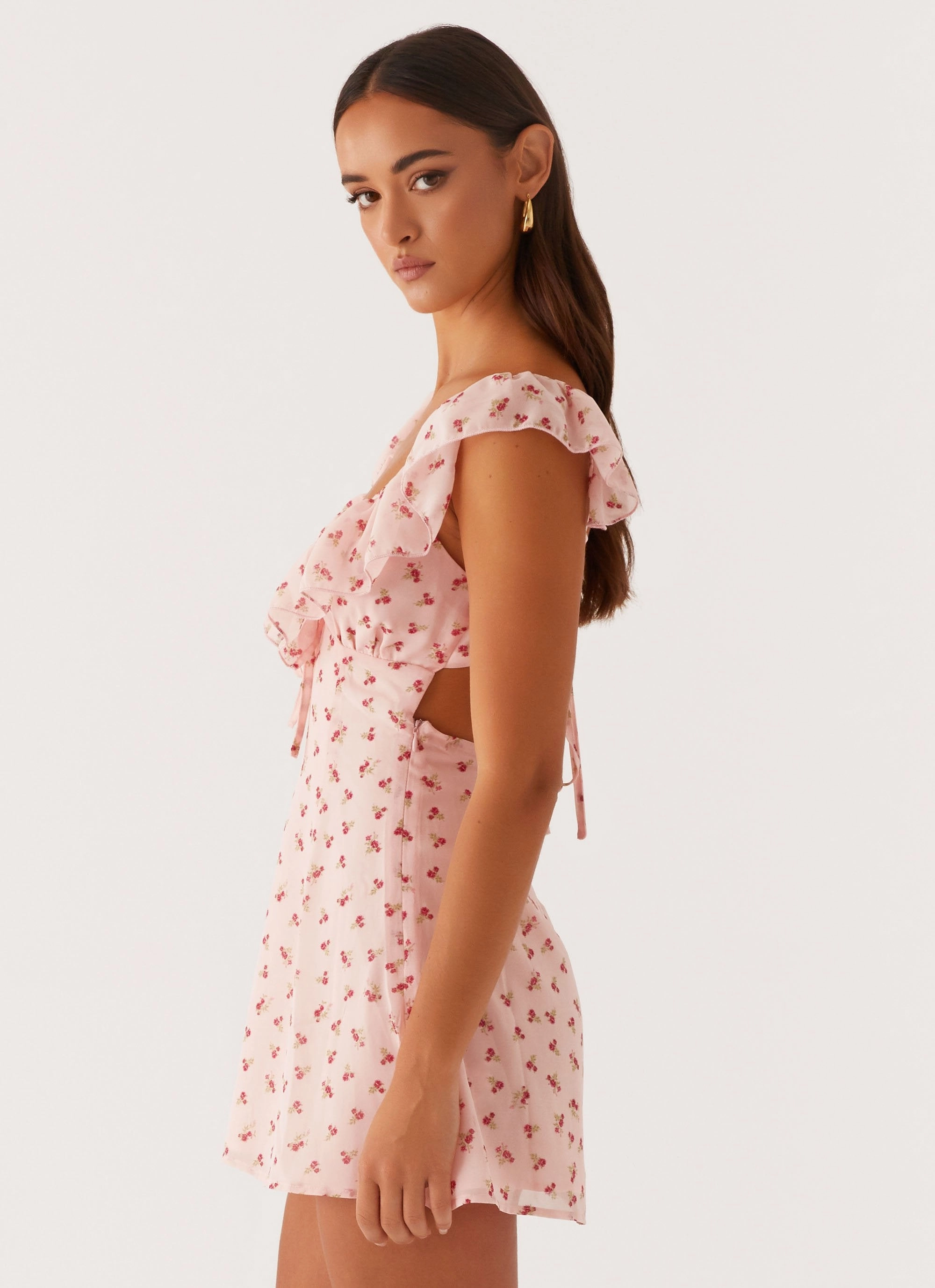 Adrina Ruffle Mini Dress - Pink Flower Easy Mood Silky Movement