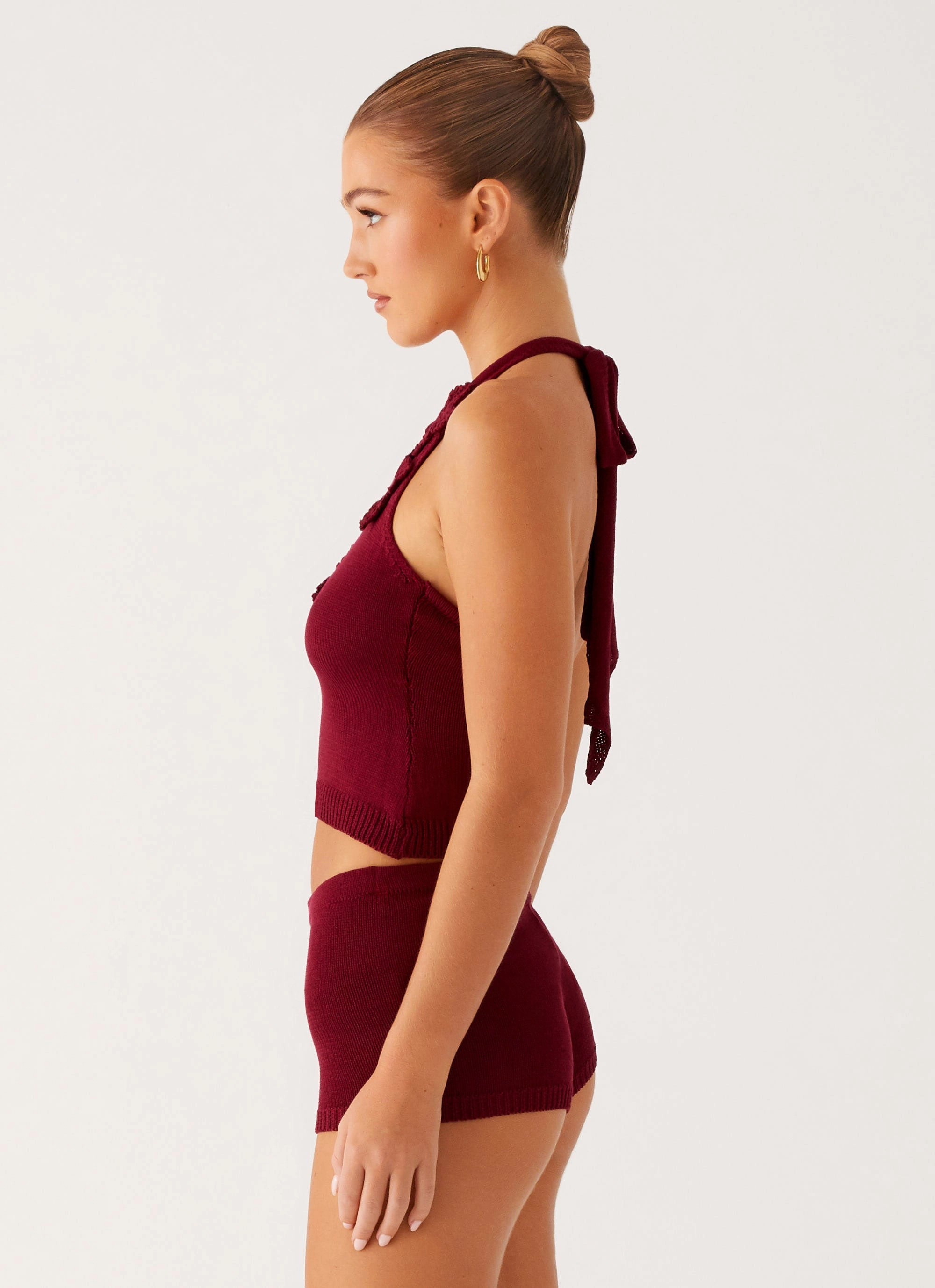 Foldable Cuff Design Brushed Interior Miffy Crochet Top - Maroon