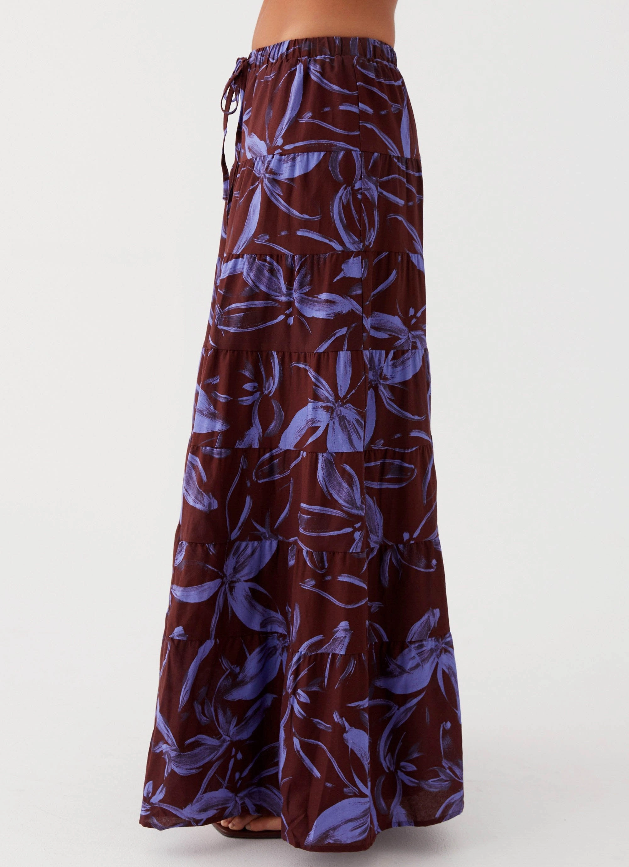 Stretchy Mariella Linen Maxi Skirt - Purple Brown Floral