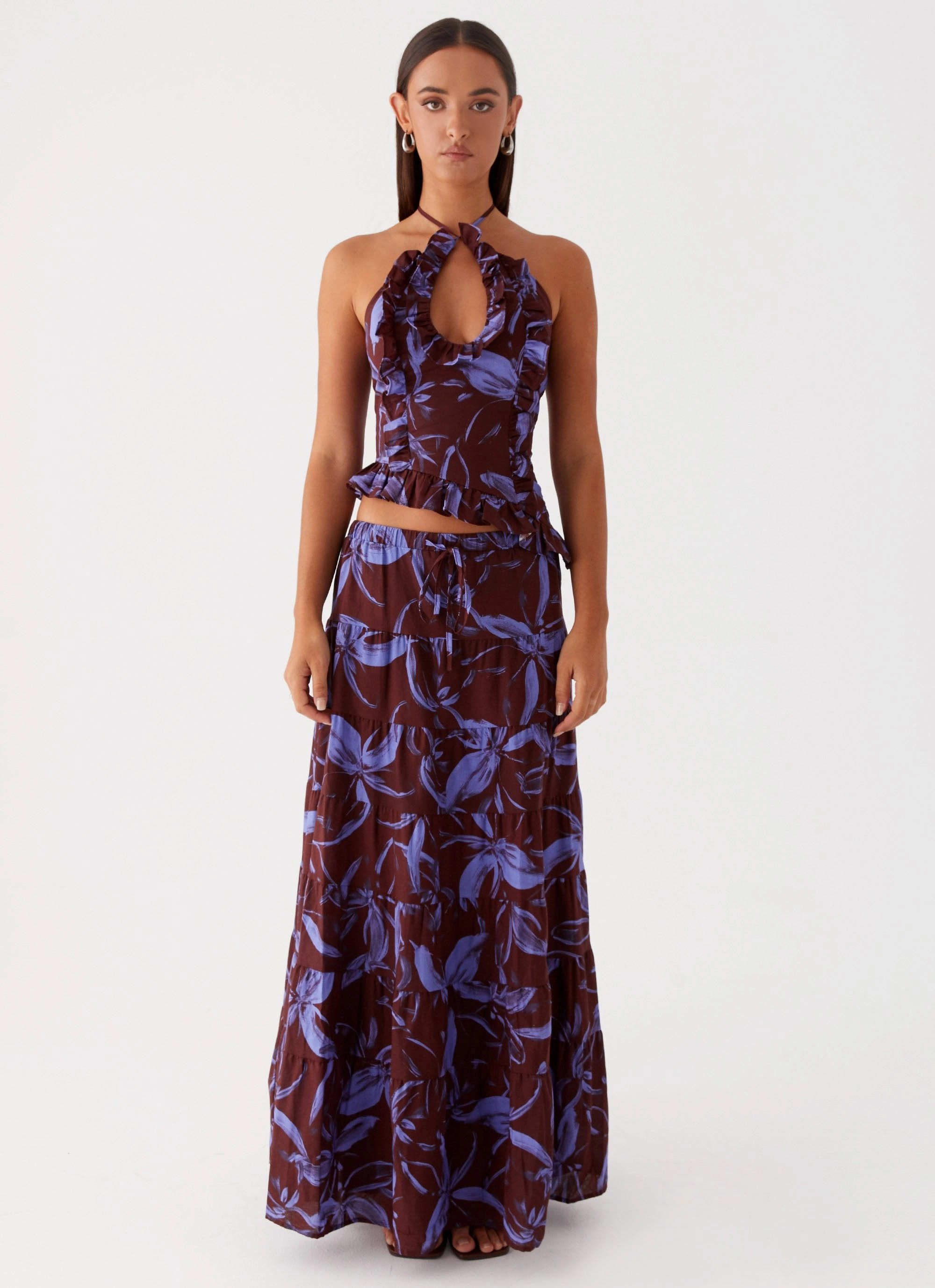 Global Inspiration Mariella Linen Maxi Skirt - Purple Brown Floral