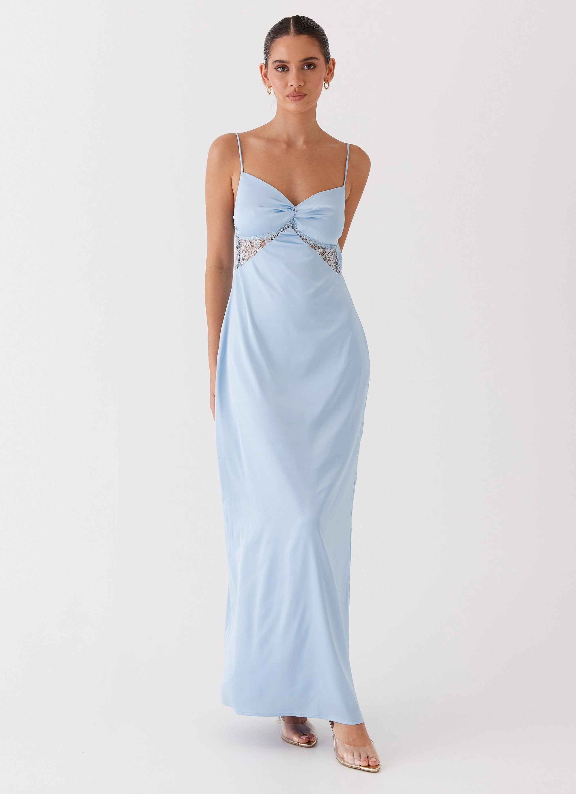 Dream Sight Lace Satin Maxi Dress - Ice Blue Raw-Hem Delicate Edge