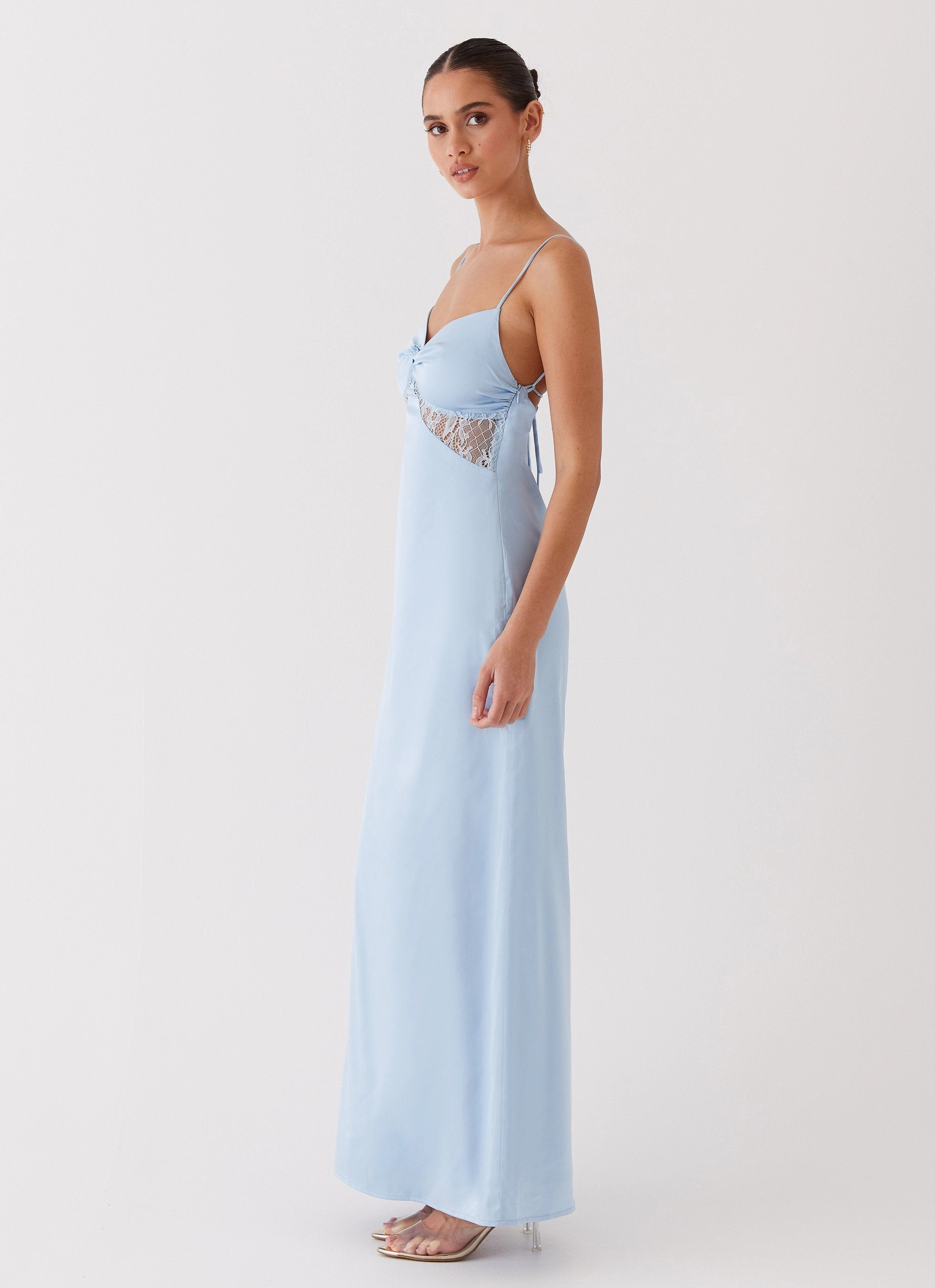 Dream Sight Lace Satin Maxi Dress - Ice Blue Cool Motion Elegant Outline