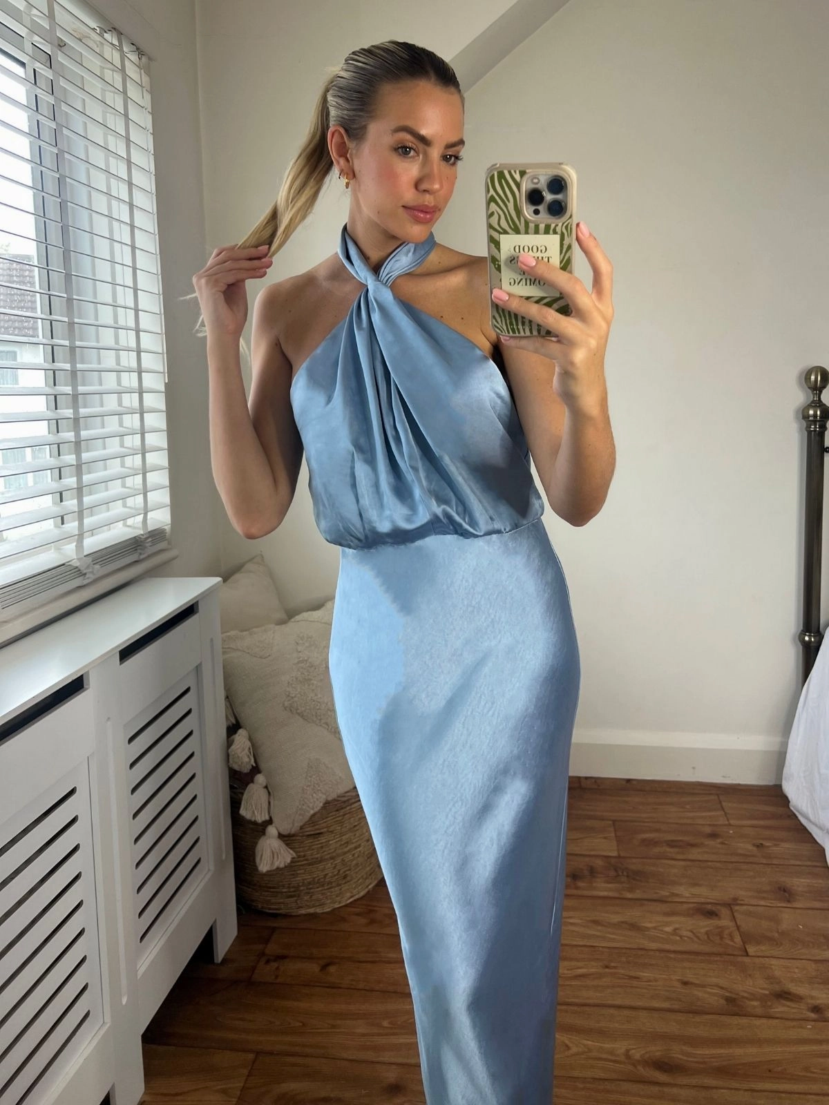 Twist Neck Satin Maxi Dress / Slate Blue Delicate Edge