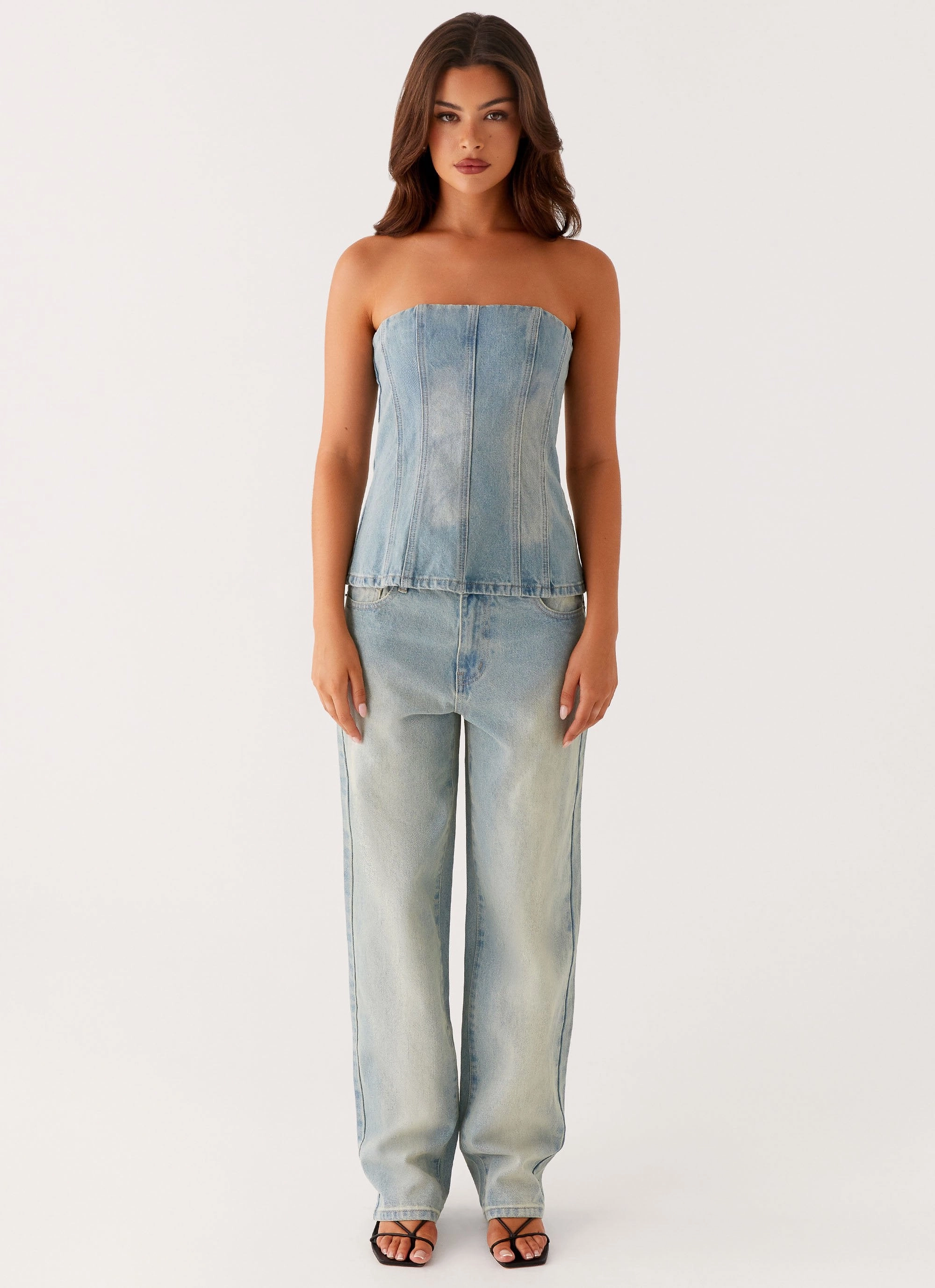 Interlock Weave Vino Strapless Denim Top - Vintage Denim