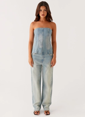 Interlock Weave Vino Strapless Denim Top - Vintage Denim