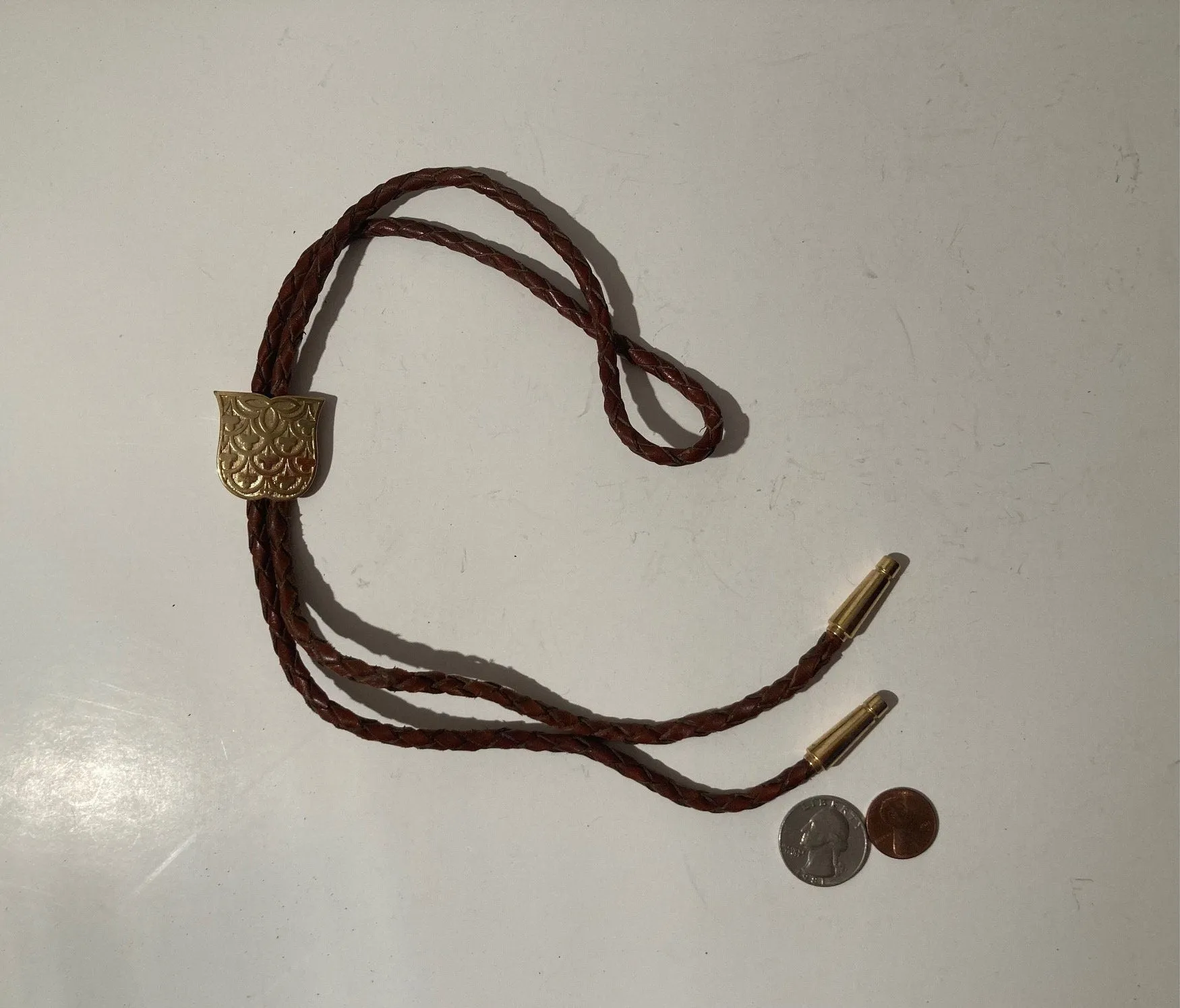 Vintage Metal Bolo Tie, Brass, Shield Design, Nice Design, Quality, Heavy Duty, Made in USA, Country & Western, Cowboy, Western Wear, Horse