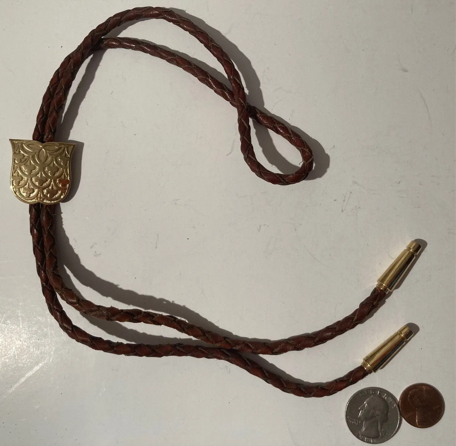 Vintage Metal Bolo Tie, Brass, Shield Design, Nice Design, Quality, Heavy Duty, Made in USA, Country & Western, Cowboy, Western Wear, Horse
