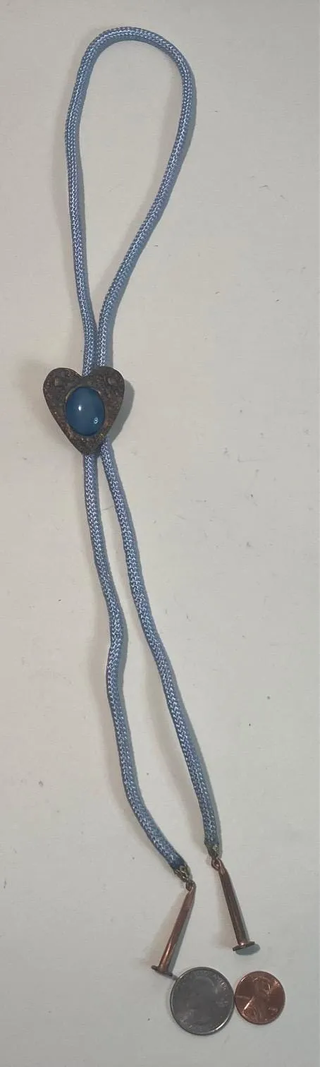 Vintage Metal Bolo Tie, Nice Copper with Pretty Blue Stone Design, Nice Western Design, 1 1/2" x 1 1/4", Quality, Heavy Duty