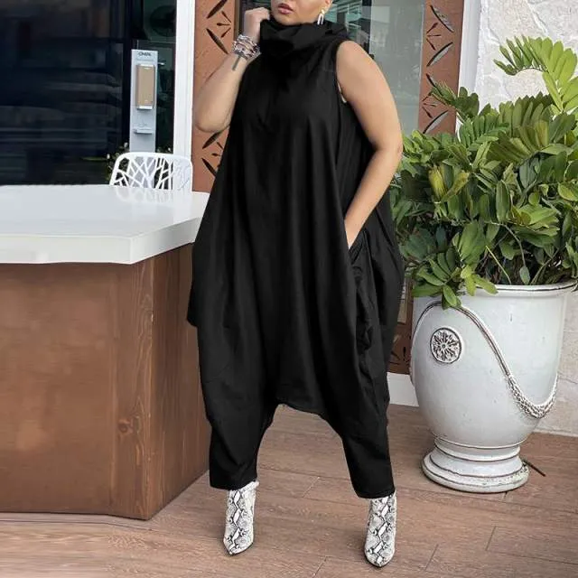 Vintage Retro Stacking High Collar Sleeveless Dropped Crotch Jumpsuit