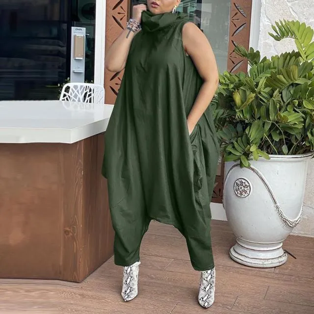 Vintage Retro Stacking High Collar Sleeveless Dropped Crotch Jumpsuit