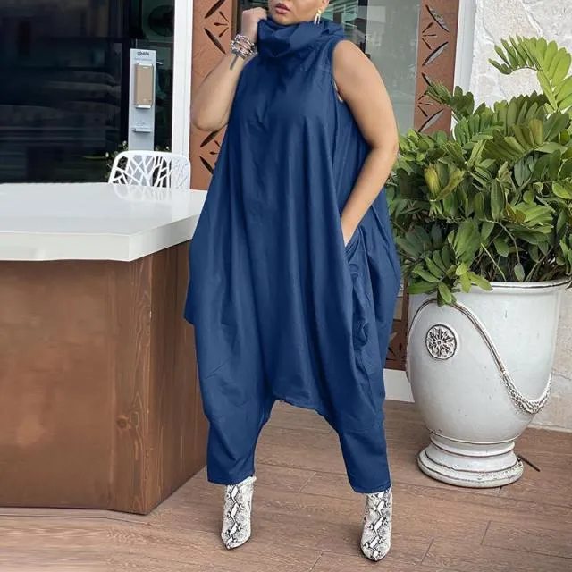 Vintage Retro Stacking High Collar Sleeveless Dropped Crotch Jumpsuit