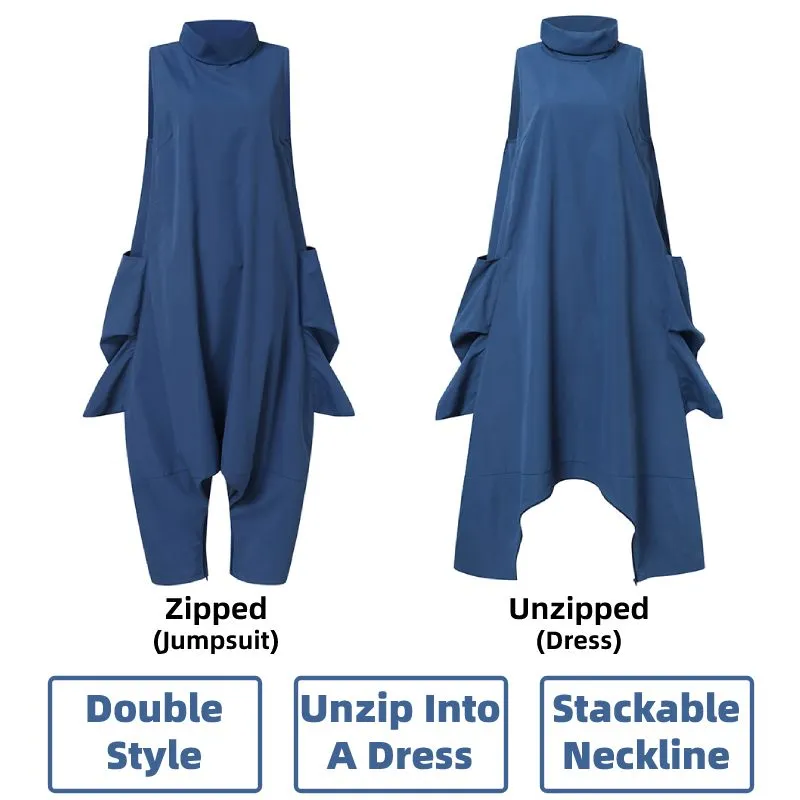 Vintage Retro Stacking High Collar Sleeveless Dropped Crotch Jumpsuit