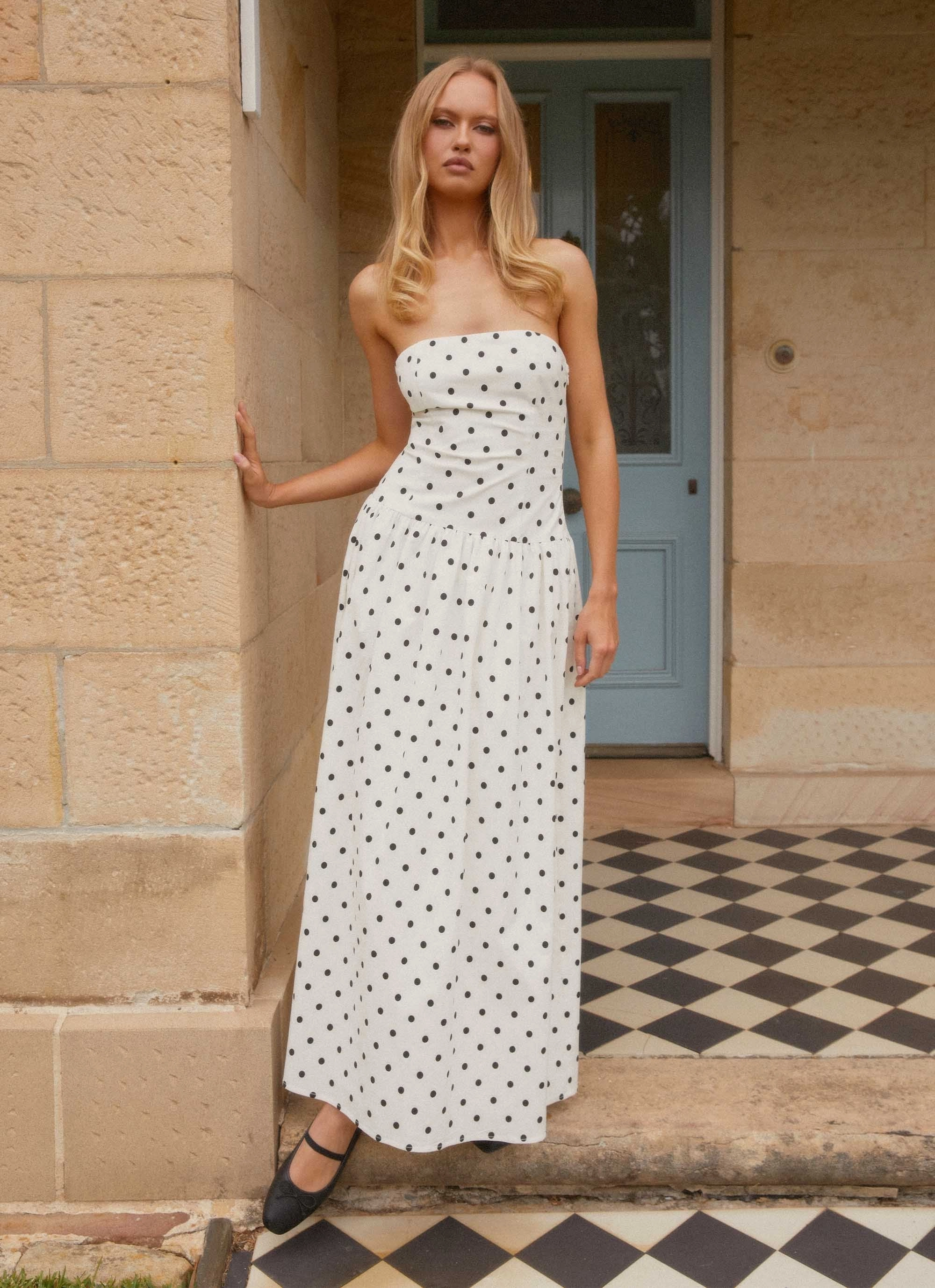 breathable fabric dress Balanced Look Andorra Maxi Dress - White Polkadot