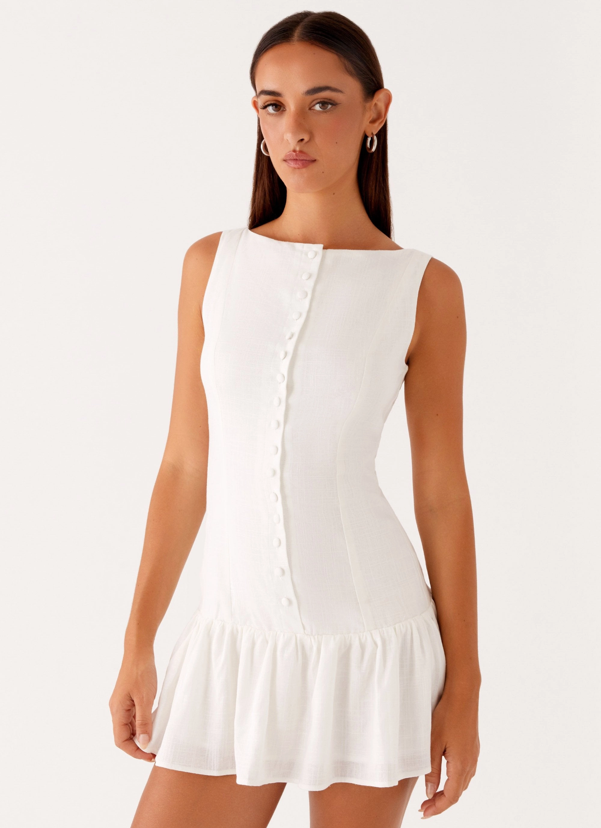 Tie-Detail Comfort Stretch Meggie Linen Mini Dress - White