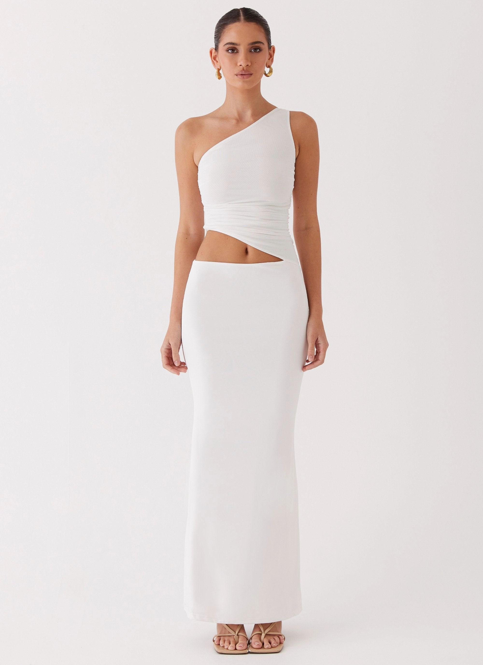 Contrasting Detail Dropped-Waist Seranella One Shoulder Maxi Dress - White