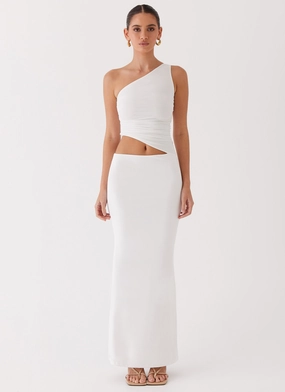 Contrasting Detail Dropped-Waist Seranella One Shoulder Maxi Dress - White