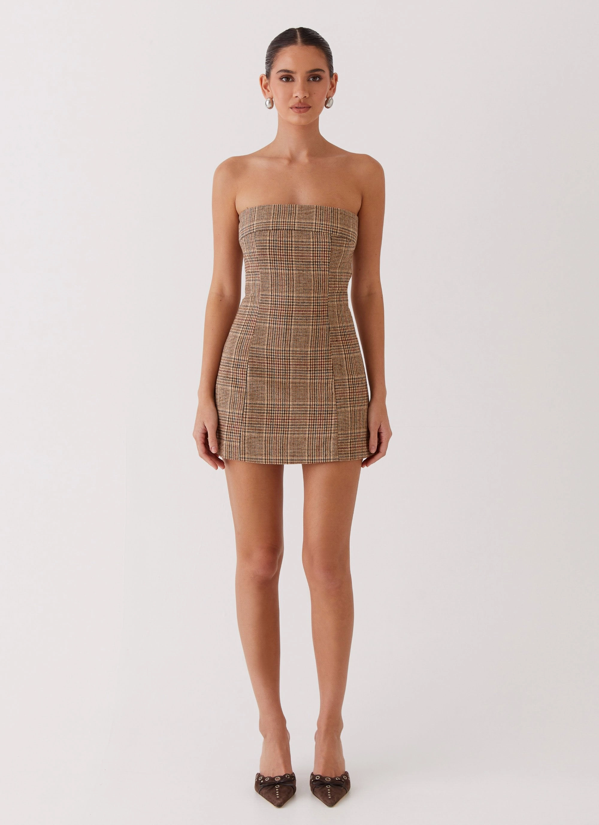 Vivenda Strapless Mini Dress - Brown Plaid Cozy Mood Chic and Elegant