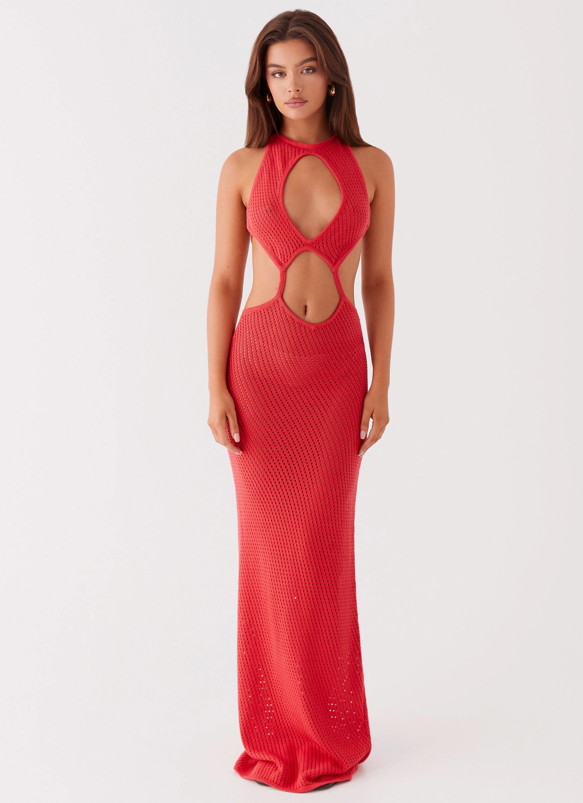 Asymmetrical hem Sleek and Flattering Caicos Crochet Maxi Dress - Red
