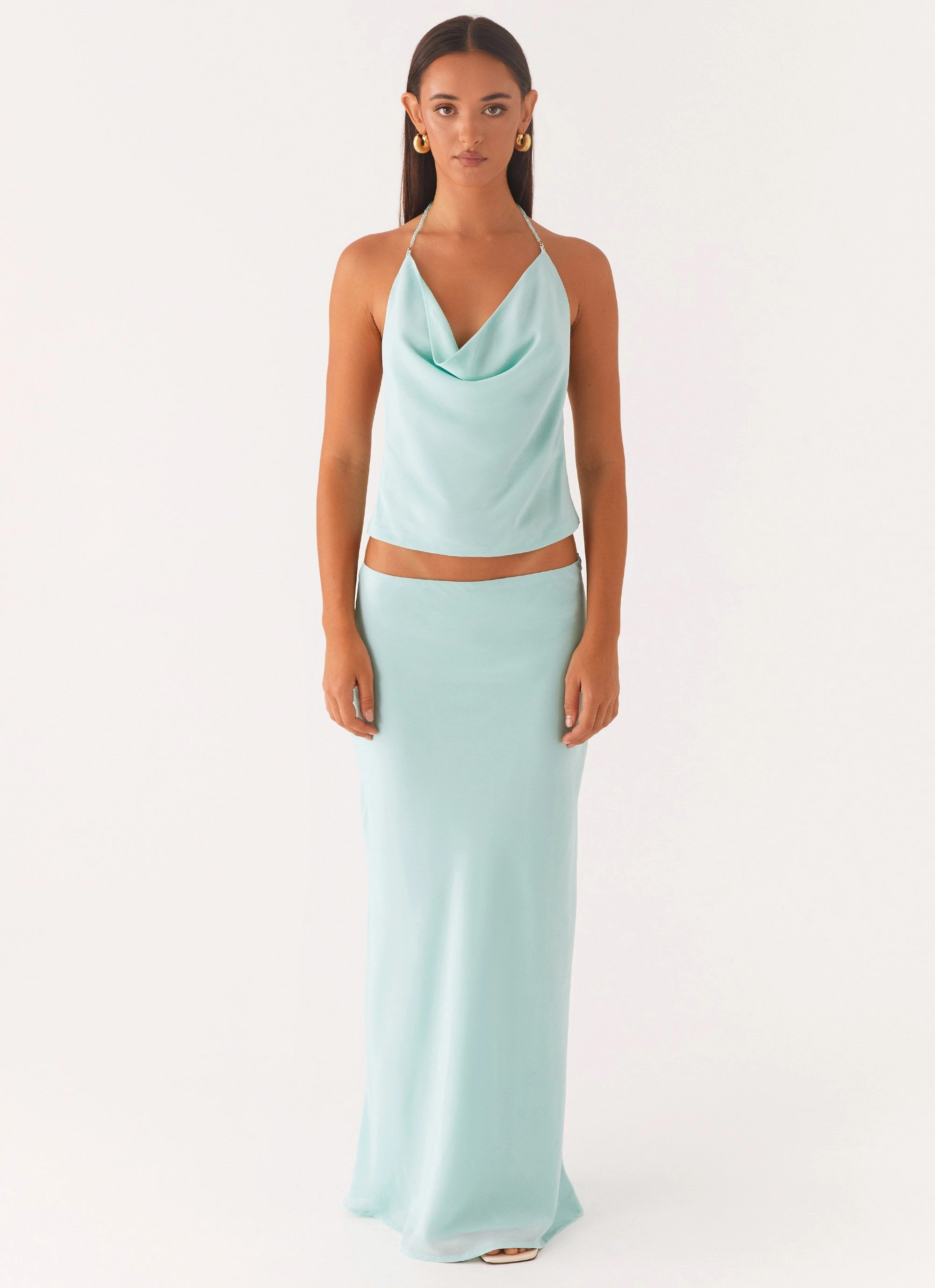 Glow In The Dark Trim Classic Ribbed Cuffs Another Life Halter Top - Pale Blue