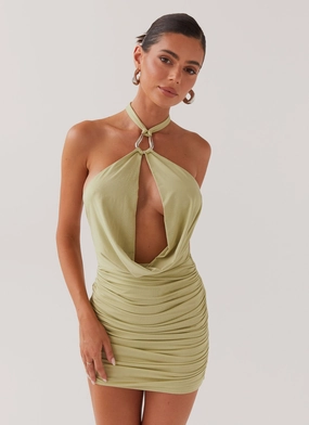 Samara Halterneck Mini Dress - Sage Frayed-Edge