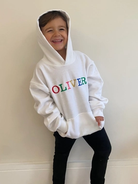 City Streets Toby Children's Unisex Multicoloured Text Personalised Hoodie / White