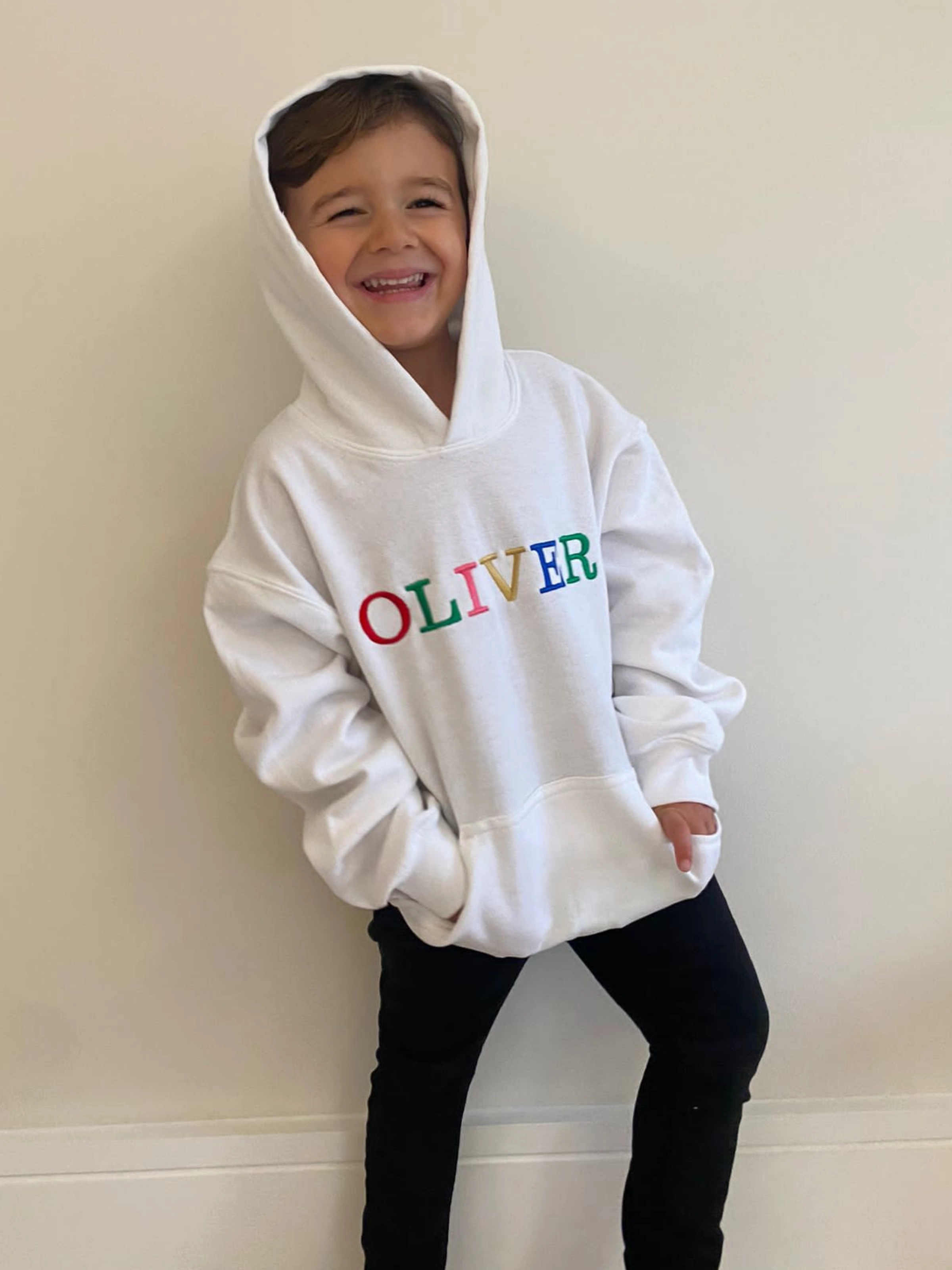City Streets Toby Children's Unisex Multicoloured Text Personalised Hoodie / White