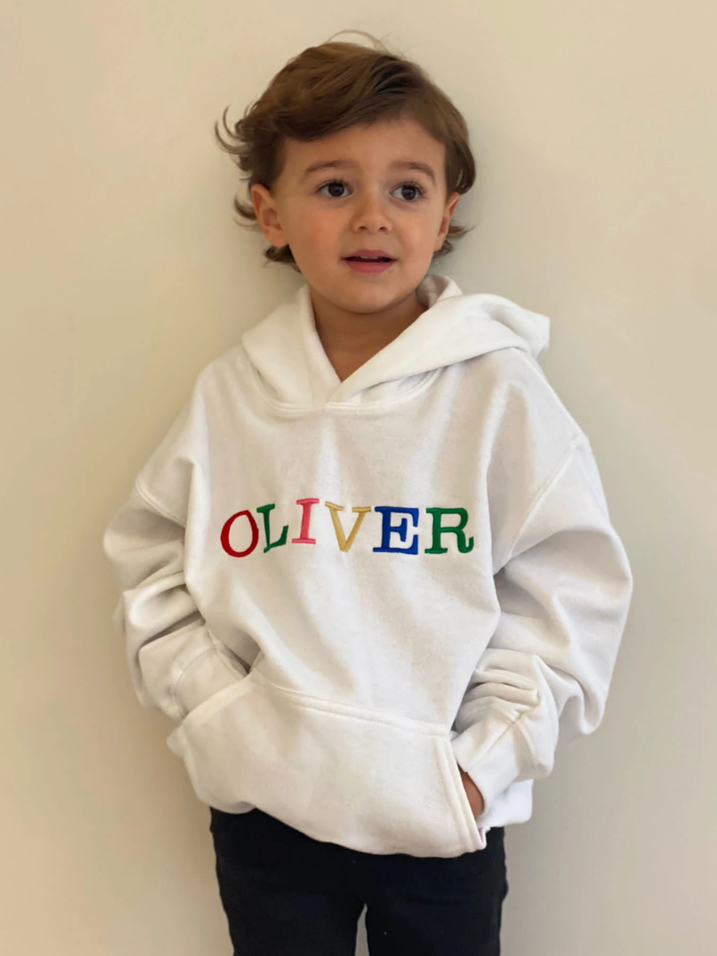 Gym Wear Toby Children's Unisex Multicoloured Text Personalised Hoodie / White