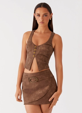 West District PU Mini Skirt - Brown Mix Separates Waist Defining