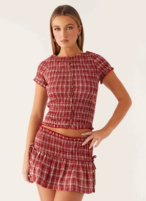 Quick Dry Fabric Lenore Button Top - Ruby Check
