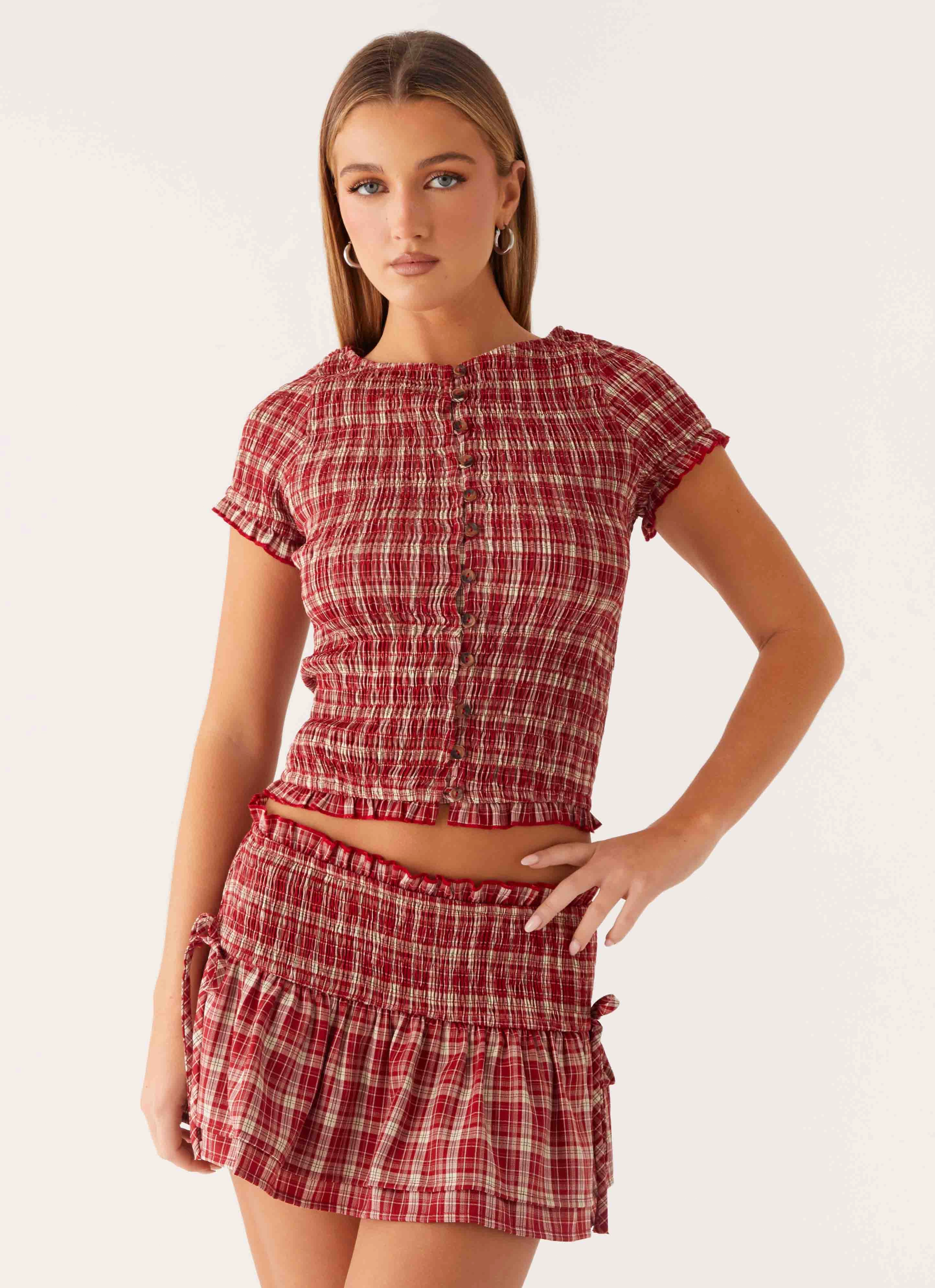 Quick Dry Fabric Lenore Button Top - Ruby Check