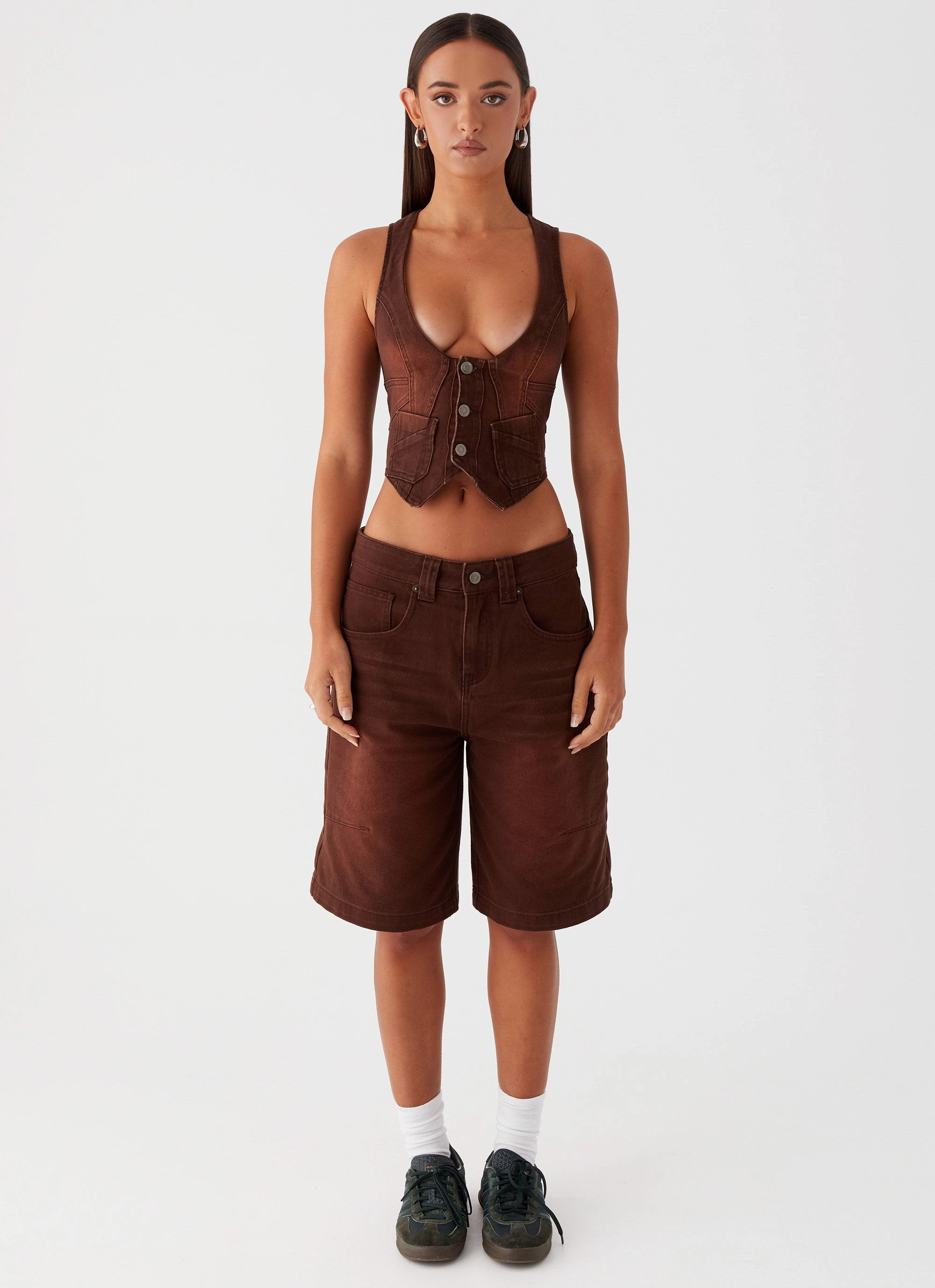 Stand Up Collar Heading South Denim Vest - Brown