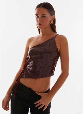 Refined Casual Cosmopolitan One Shoulder Top - Maroon