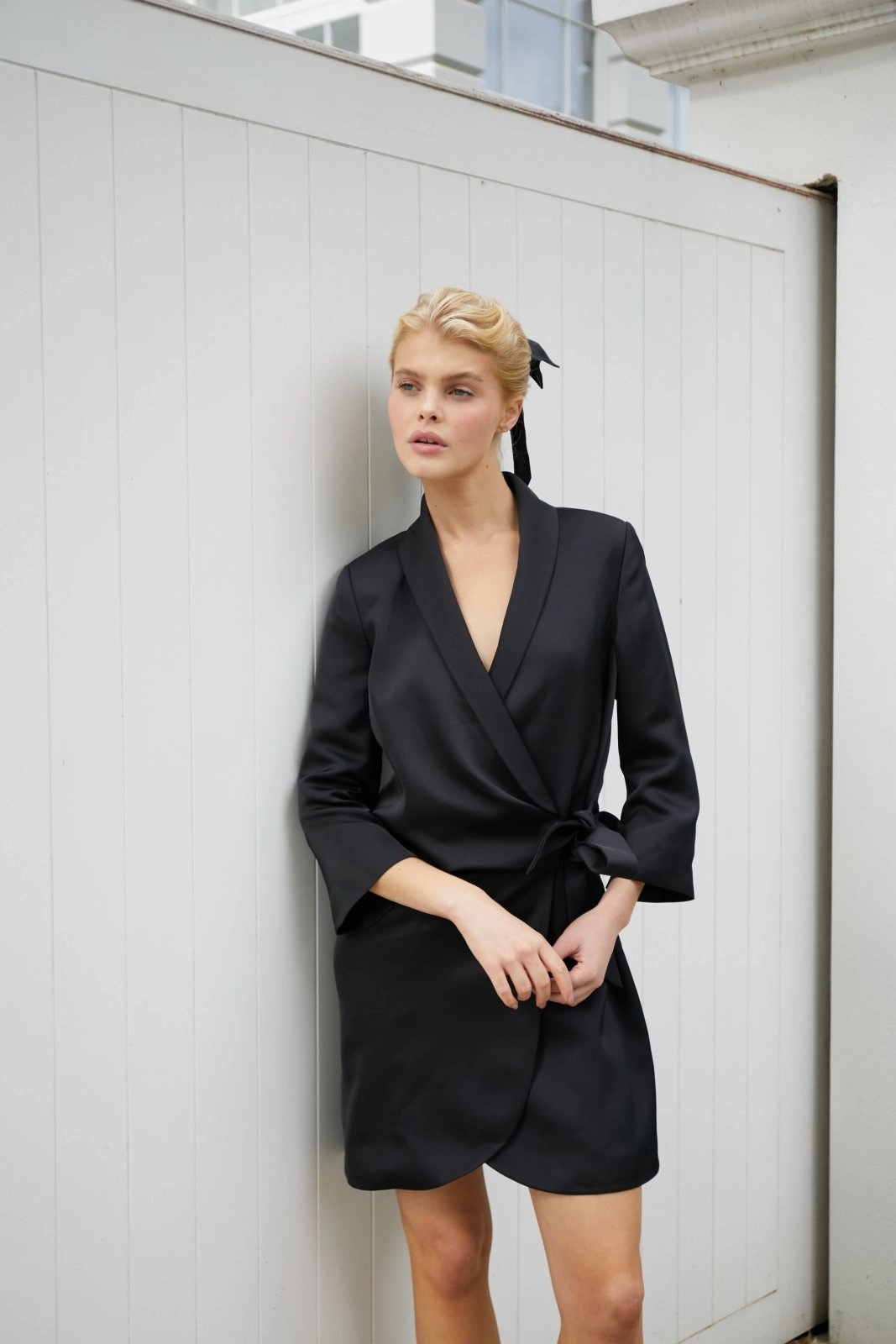 "The Sarah" Wrap Blazer Dress (Black) Climate-Adaptive Maternity-Fit