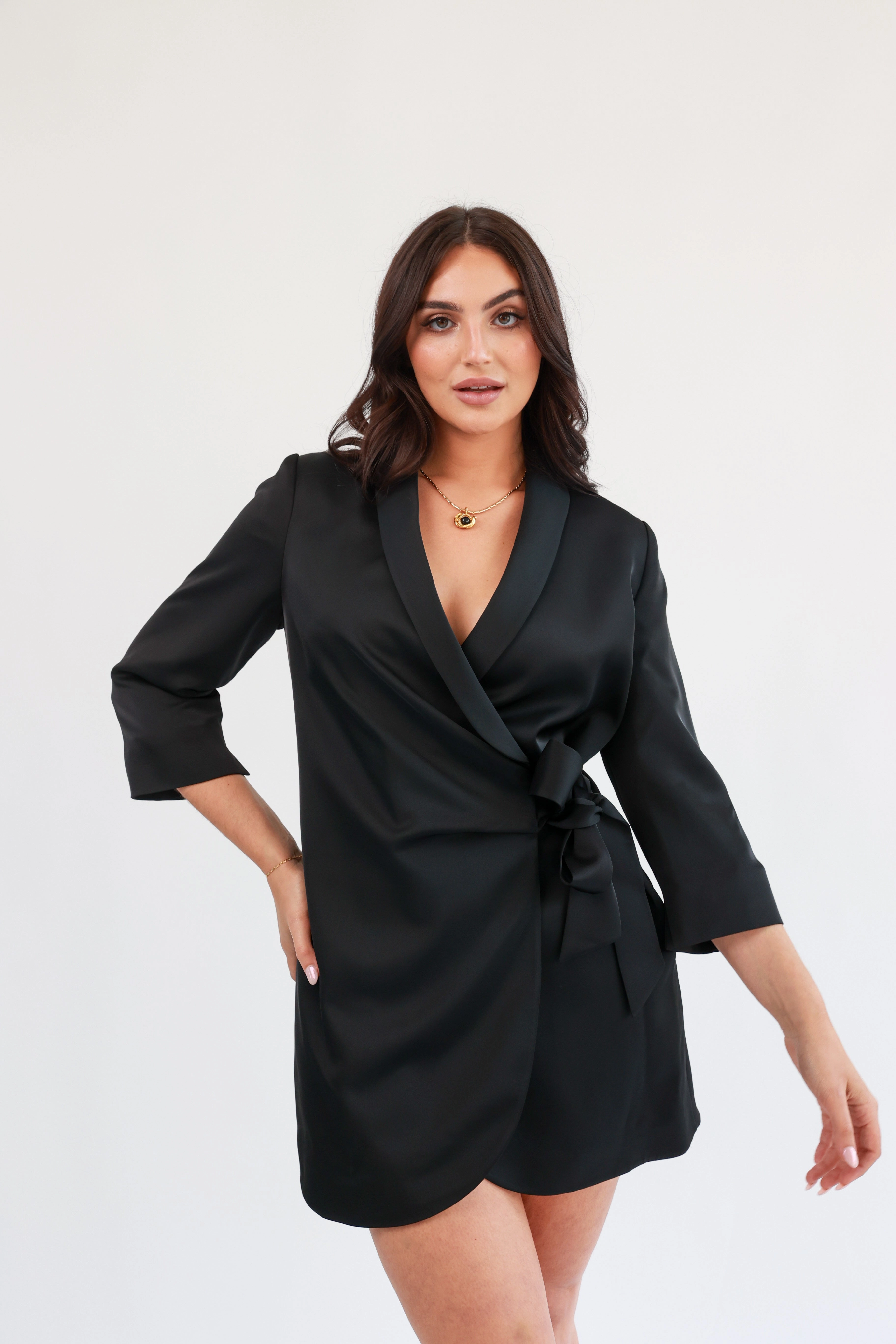 "The Sarah" Wrap Blazer Dress (Black) Anti-Static-Finish Trendy Layer
