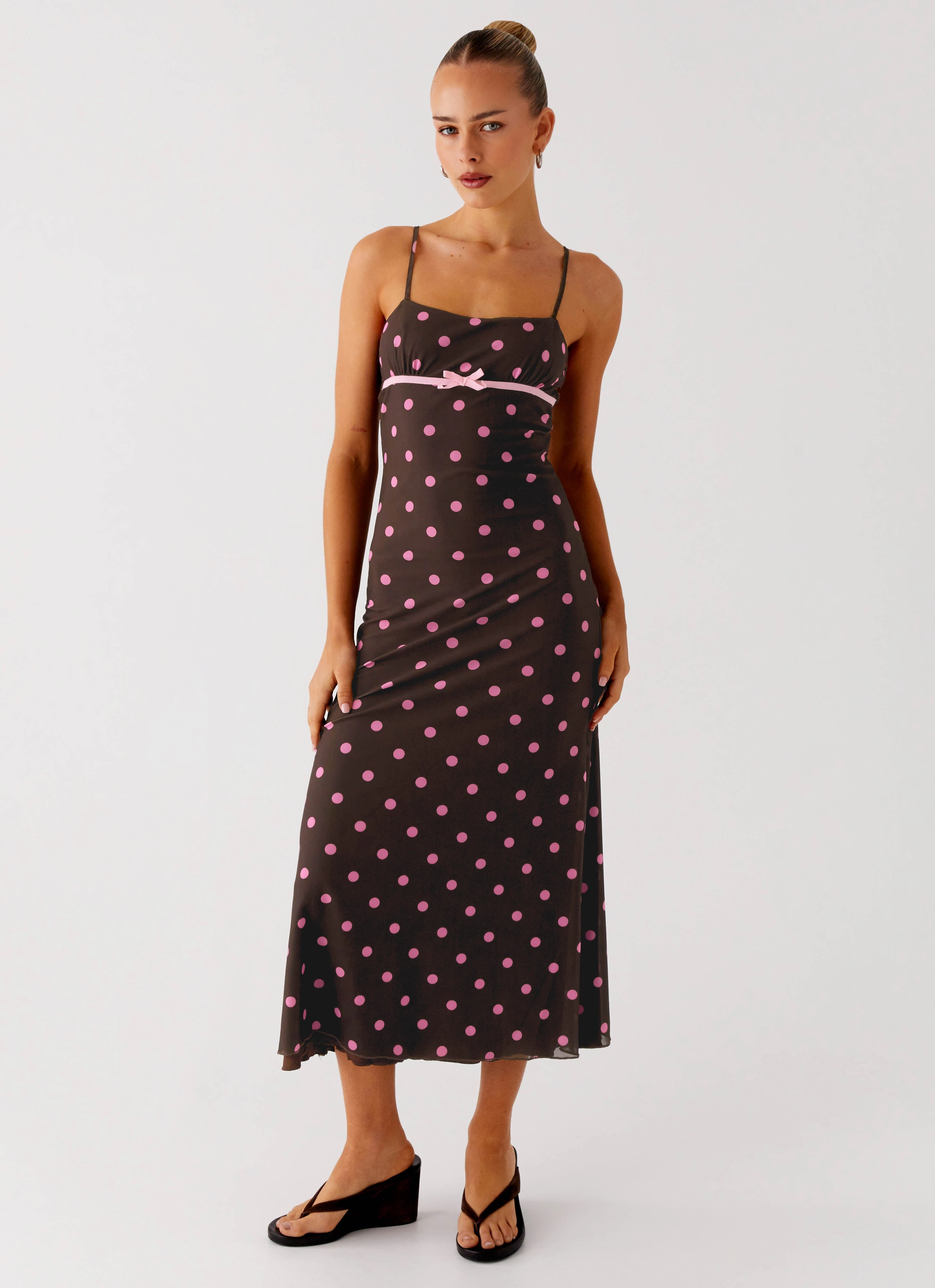 Chic Mom Theater-Night Latto Midi Dress - Chocolate Strawberry Dot