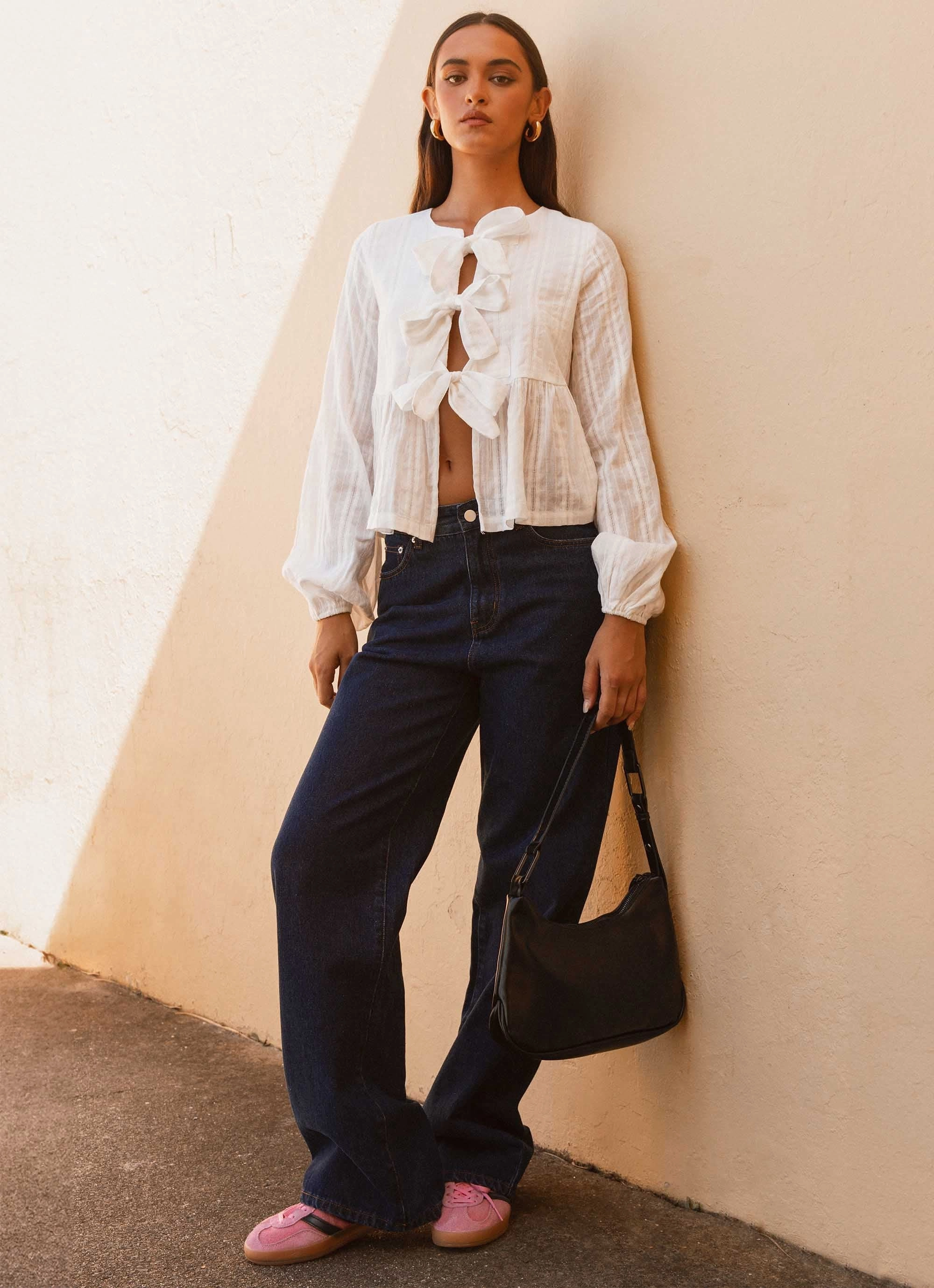 ZipperedPockets Flexible Waistband Adaptation Western Wind Long Sleeve Top - White