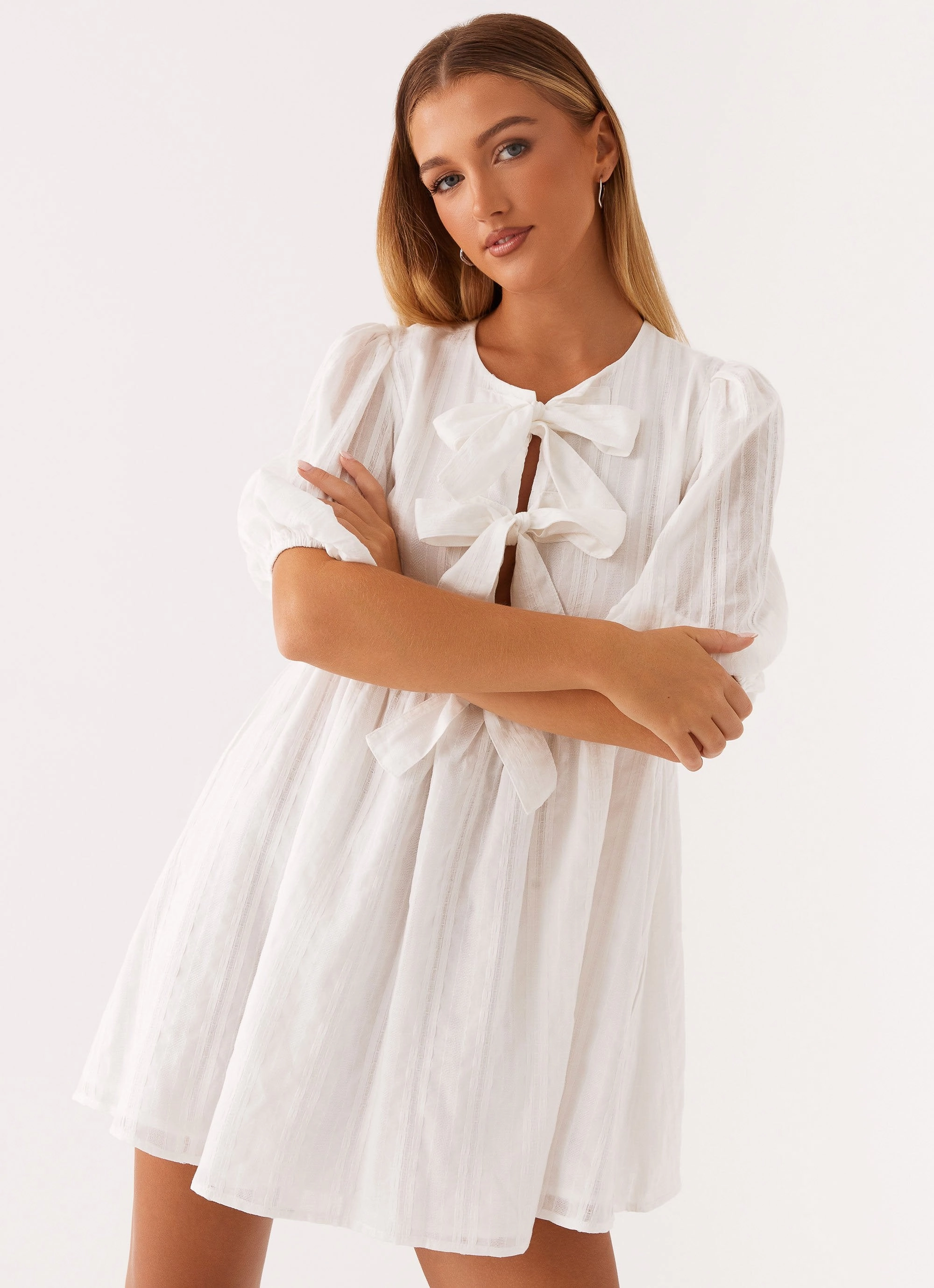 Western Wind Tie Mini Dress - White Romantic Hour